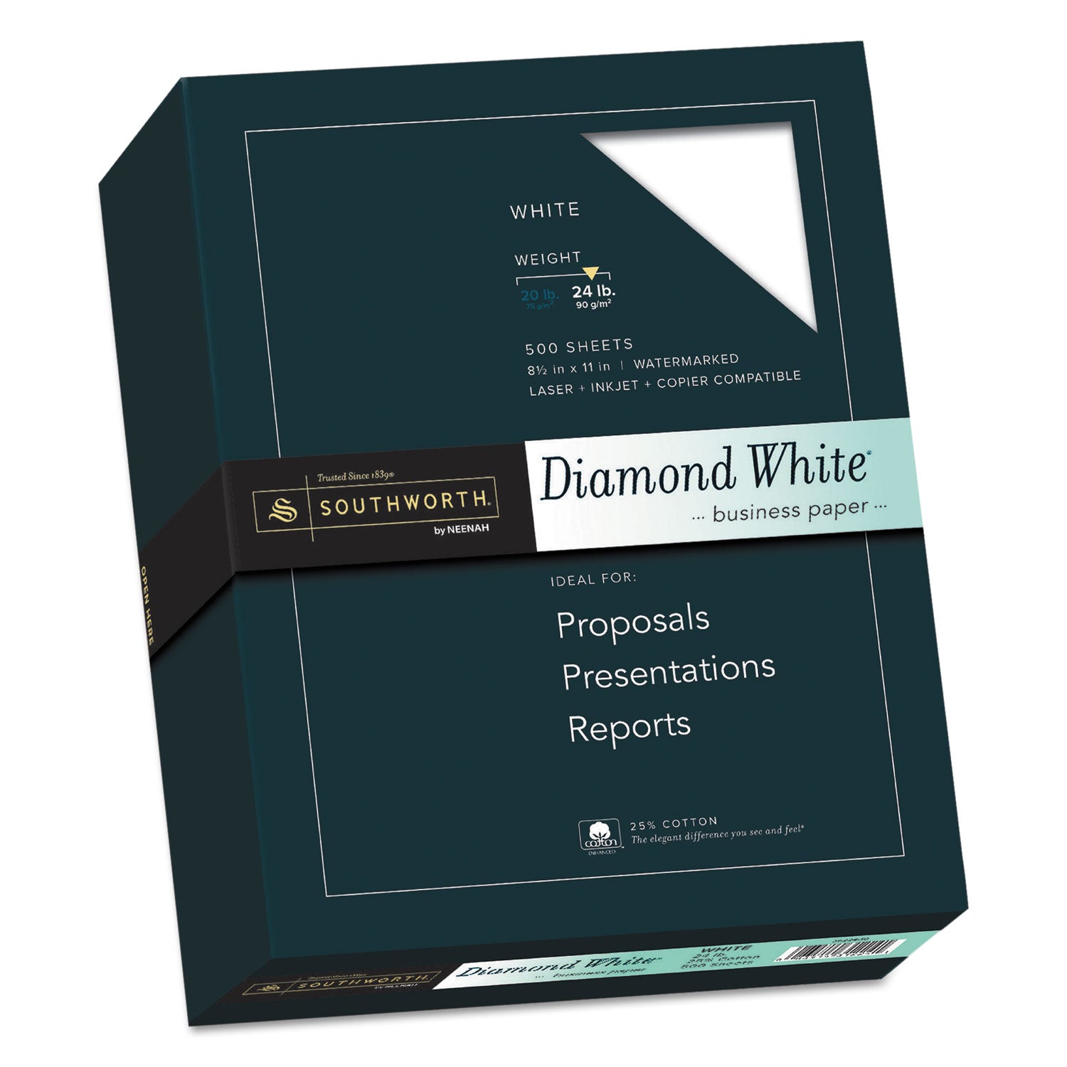 Southworth 25% Cotton Business Paper - Letter - 8 1/2" x 11" - 24 lb Basis Weight - Wove - Acid-free, Watermarked - Diamond White - 1 Box