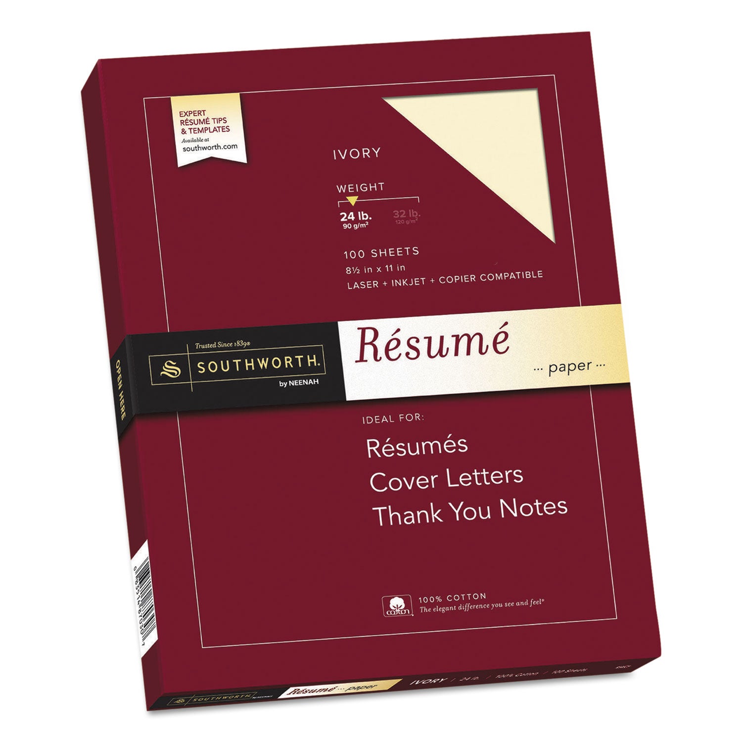 Southworth 100% Cotton Resume Paper - Letter - 8 1/2" x 11" - 24 lb Basis Weight - Wove - Acid-free, Lignin-free - Ivory - 1 Box
