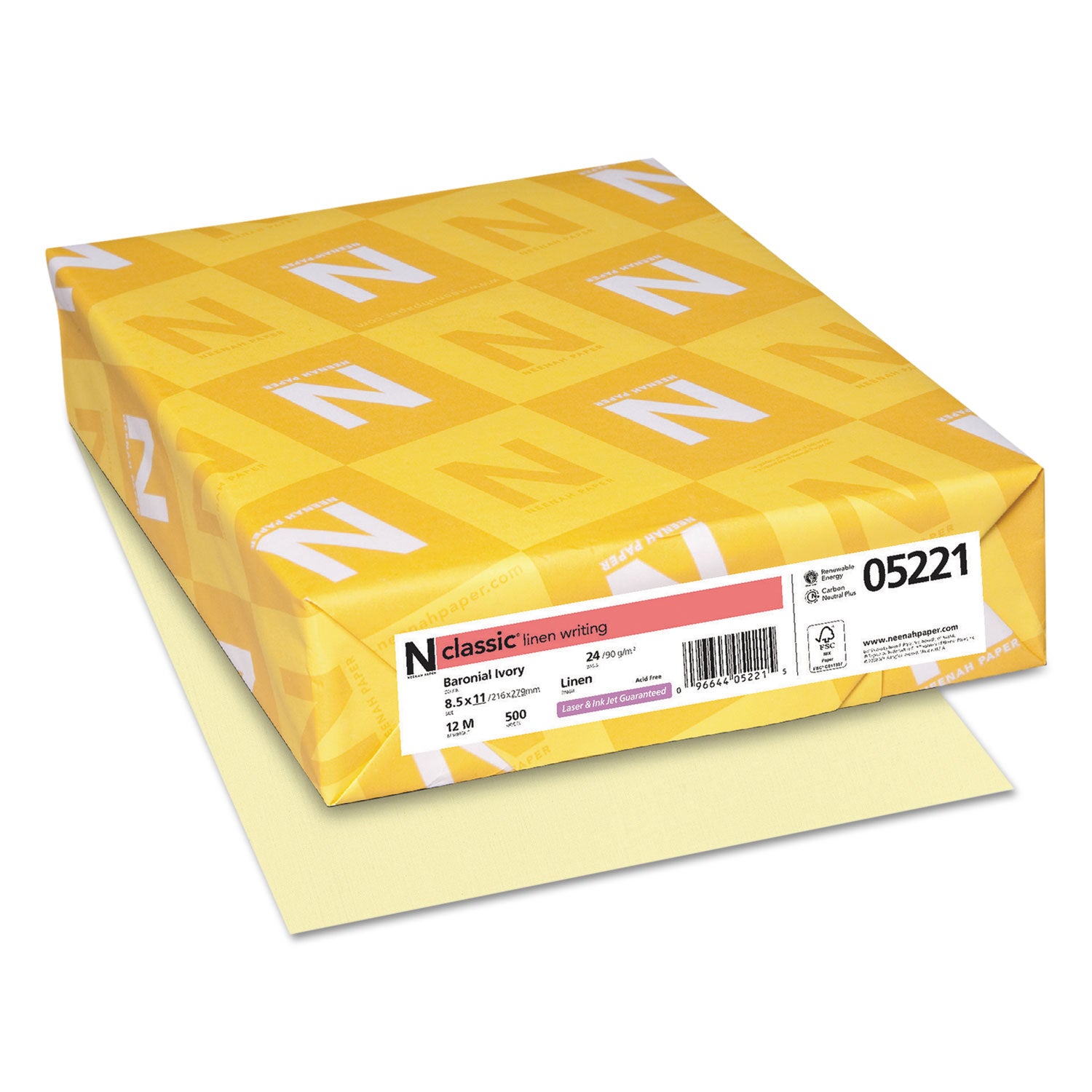 Letter - 8 1/2" x 11" - 24 lb Basis Weight - Linen - Carbon Neutral - Watermarked, Acid-free, Archival-safe, Printable - Baronial Ivory - 500 / Ream