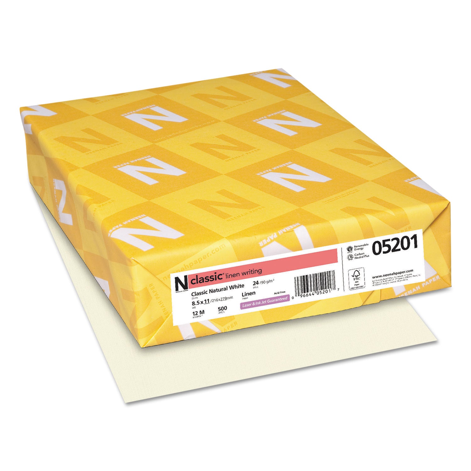 Classic Premium Paper - White - Letter - 8 1/2" x 11" - 24 lb Basis Weight - Linen - Watermarked, Acid-free, Ream-wrapped, No Cotton Content - Natural White - 500 / Ream