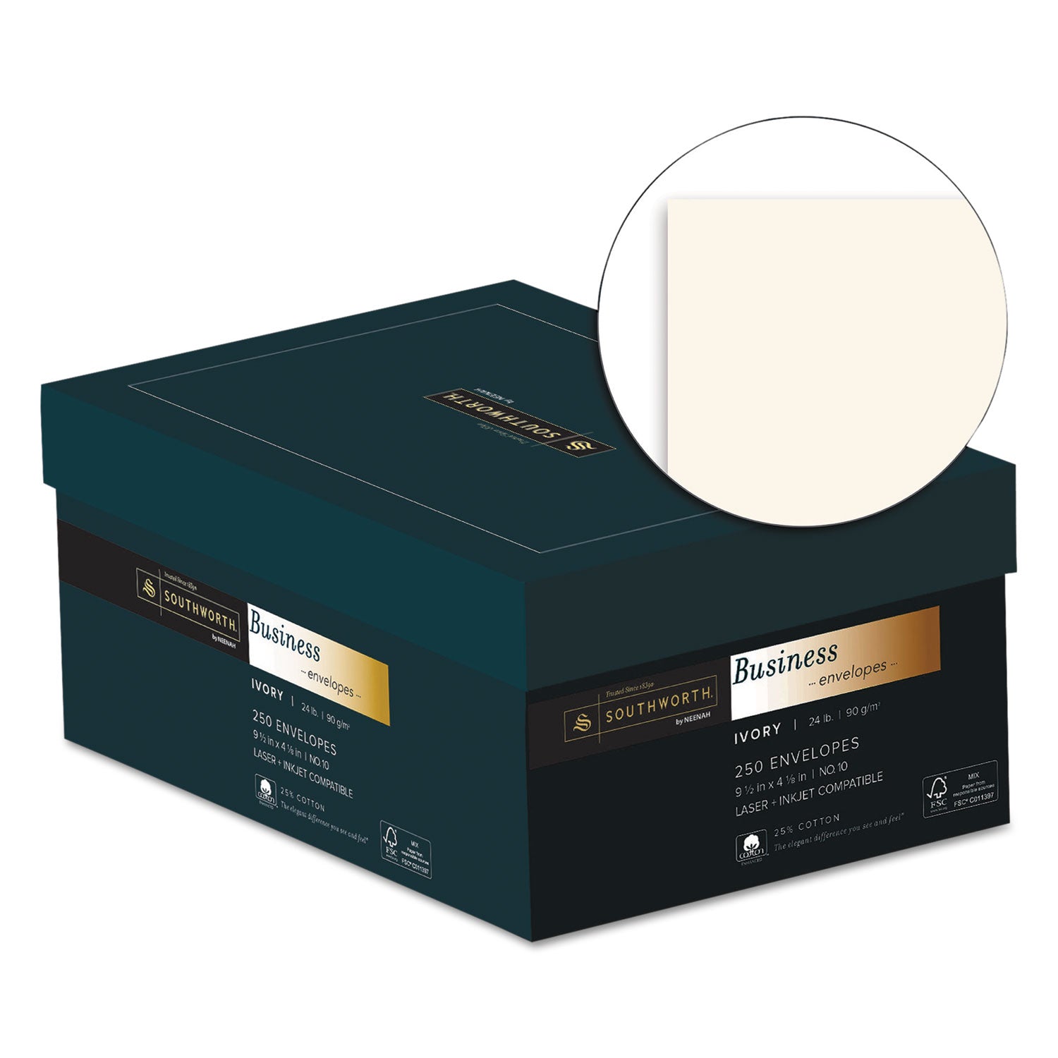 Southworth 25% Cotton No. 10 Business Envelopes - Business - #10 - 4 1/8" Width x 9 1/2" Length - 24 lb - Gummed - Ivory - Cotton Fiber - 1 Box