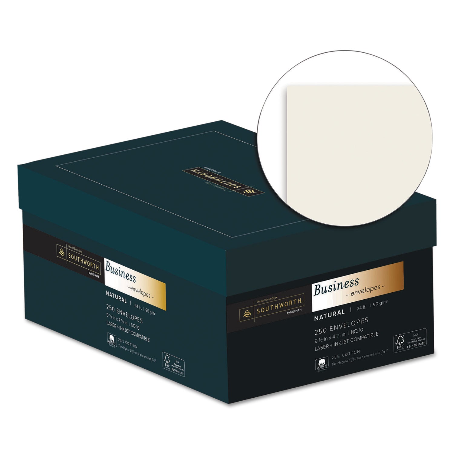 Southworth 25% Cotton No. 10 Business Envelopes - Business - #10 - 4 1/8" Width x 9 1/2" Length - 24 lb - Gummed - Natural White (Ivory) - Cotton Fiber - 1 Box
