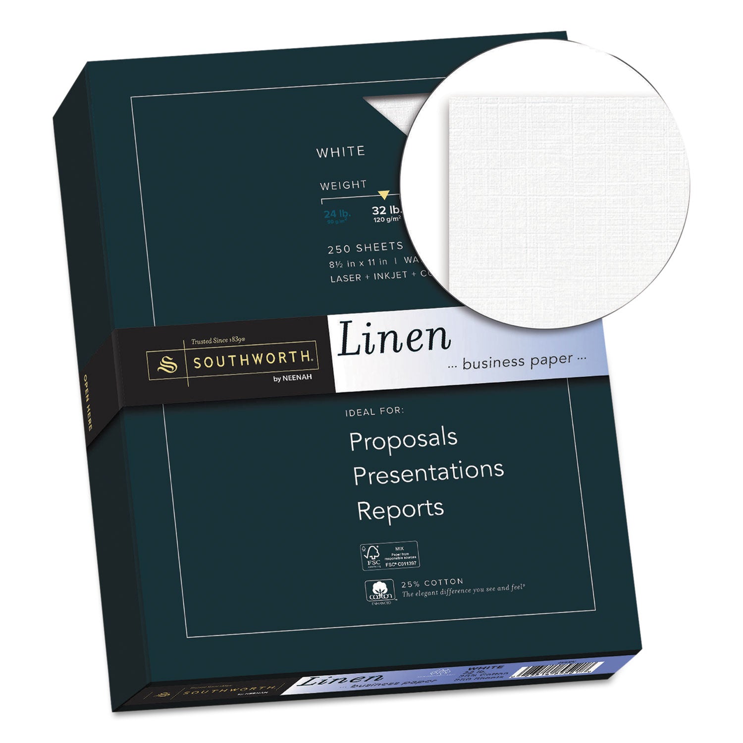 Southworth 25% Cotton Business Paper - Letter - 8 1/2" x 11" - 32 lb Basis Weight - Linen, Textured - Acid-free, Watermarked, Date-coded - White - 250 / Box