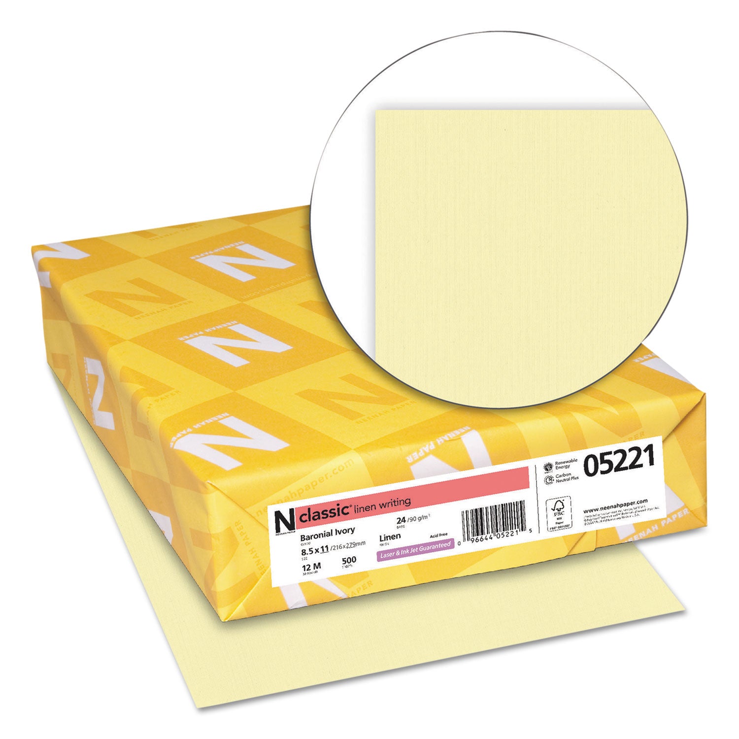 Letter - 8 1/2" x 11" - 24 lb Basis Weight - Linen - Carbon Neutral - Watermarked, Acid-free, Archival-safe, Printable - Baronial Ivory - 500 / Ream