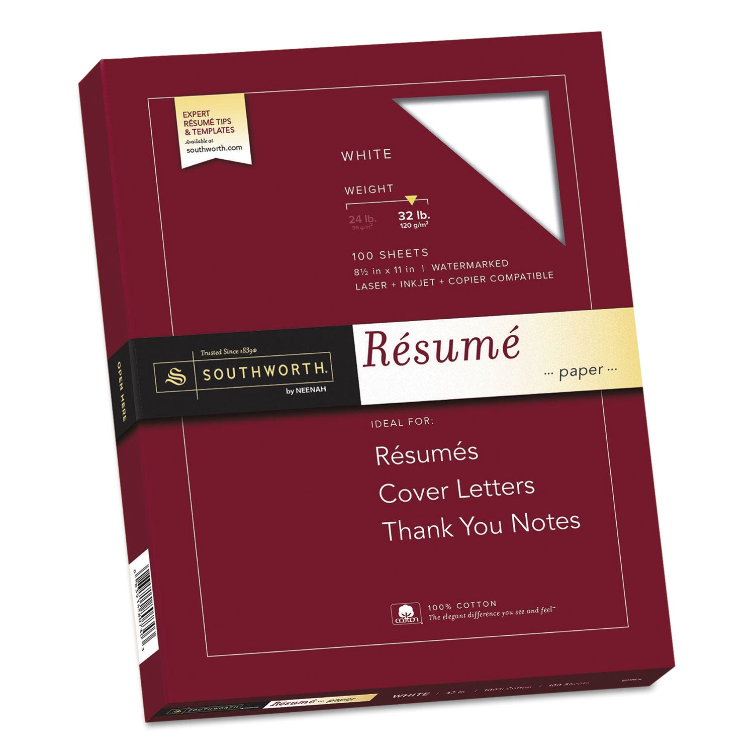Southworth 100% Cotton Resume Paper - Letter - 8 1/2" x 11" - 32 lb Basis Weight - Wove - Acid-free, Watermarked - White - 100 / Box