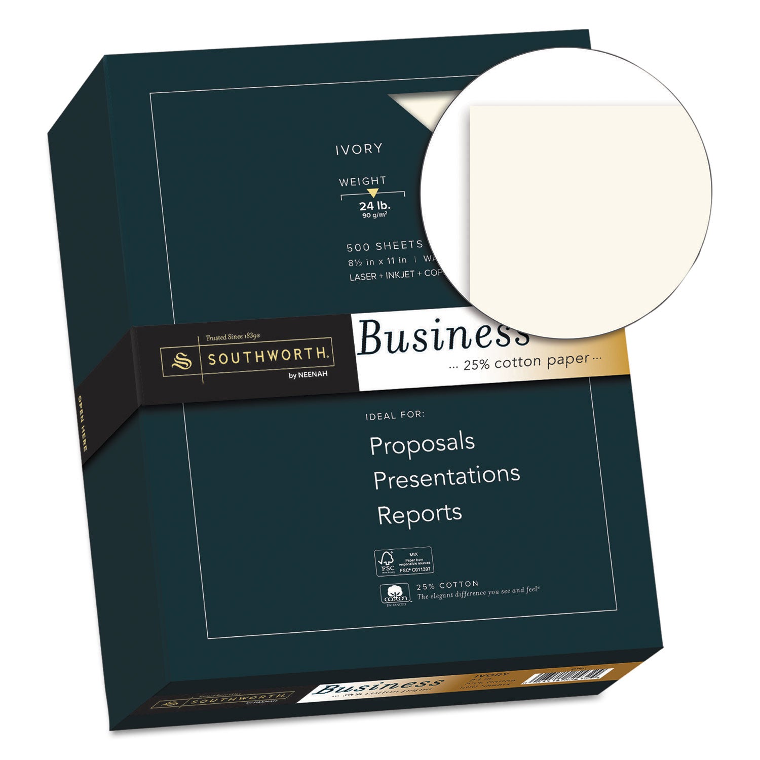 Southworth 25% Cotton Business Paper - Letter - 8 1/2" x 11" - 24 lb Basis Weight - Wove - Watermarked, Acid-free, Lignin-free, Date-coded - Ivory - 1 Box