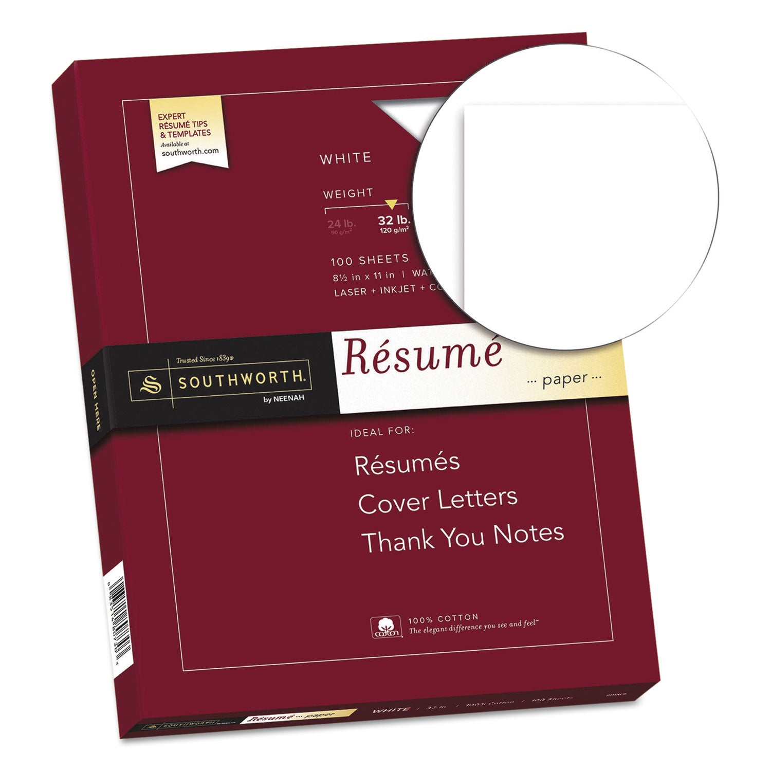 Southworth 100% Cotton Resume Paper - Letter - 8 1/2" x 11" - 32 lb Basis Weight - Wove - Acid-free, Watermarked - White - 100 / Box