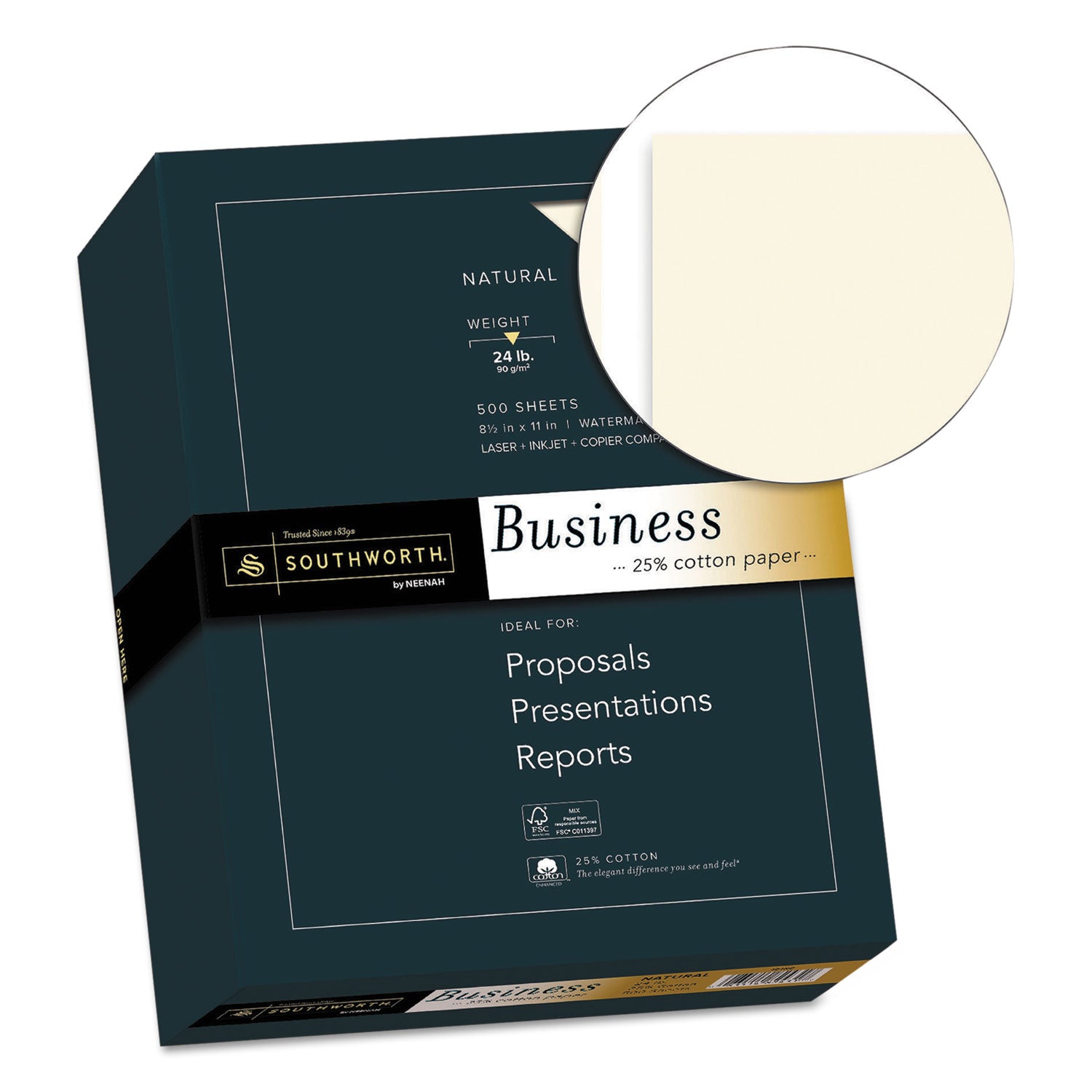 Southworth 25% Cotton Business Paper - Letter - 8 1/2" x 11" - 24 lb Basis Weight - Wove - Watermarked, Acid-free, Lignin-free, Date-coded - Natural White (Ivory) - 1 Box