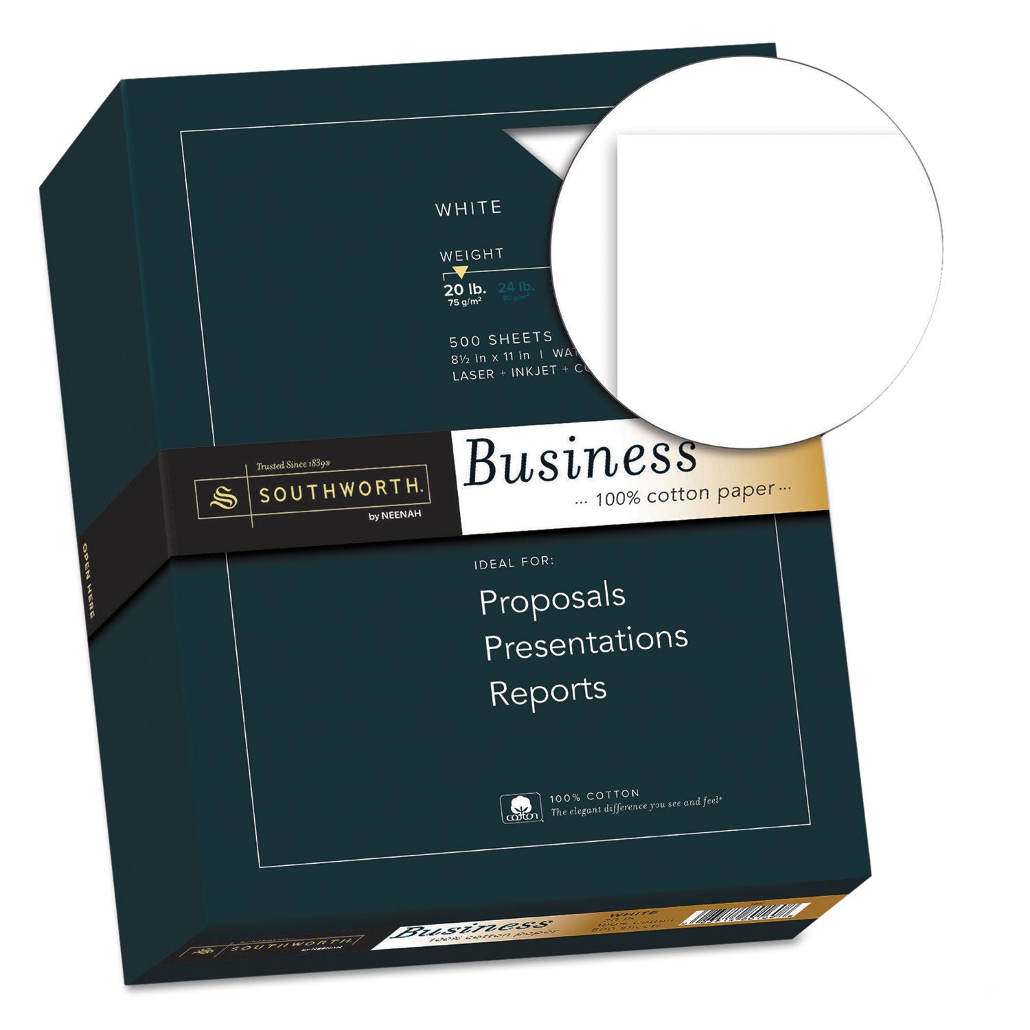 Southworth 100% Cotton Business Paper - Letter - 8 1/2" x 11" - 20 lb Basis Weight - Wove - Wear Resistant, Date-coded, Acid-free, Lignin-free - White - 1 Box
