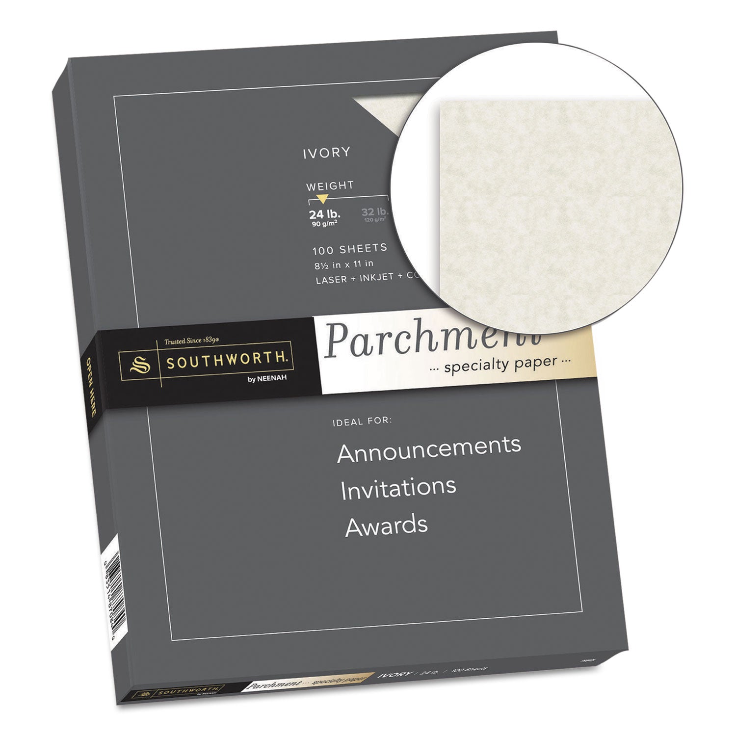 Parchment Specialty Paper, 24 lb Bond Weight, 8.5 x 11, Ivory, 100/Pack
