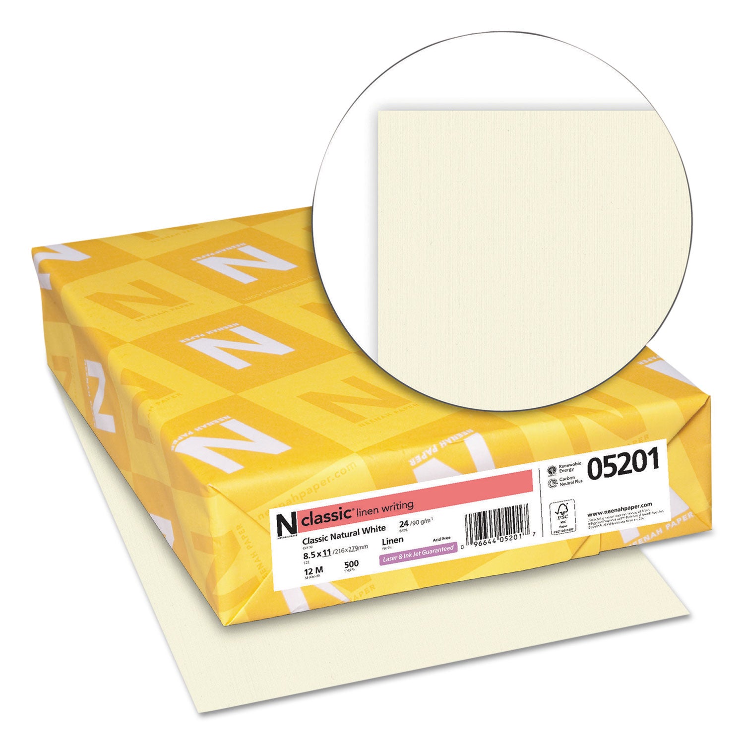 Classic Premium Paper - White - Letter - 8 1/2" x 11" - 24 lb Basis Weight - Linen - Watermarked, Acid-free, Ream-wrapped, No Cotton Content - Natural White - 500 / Ream