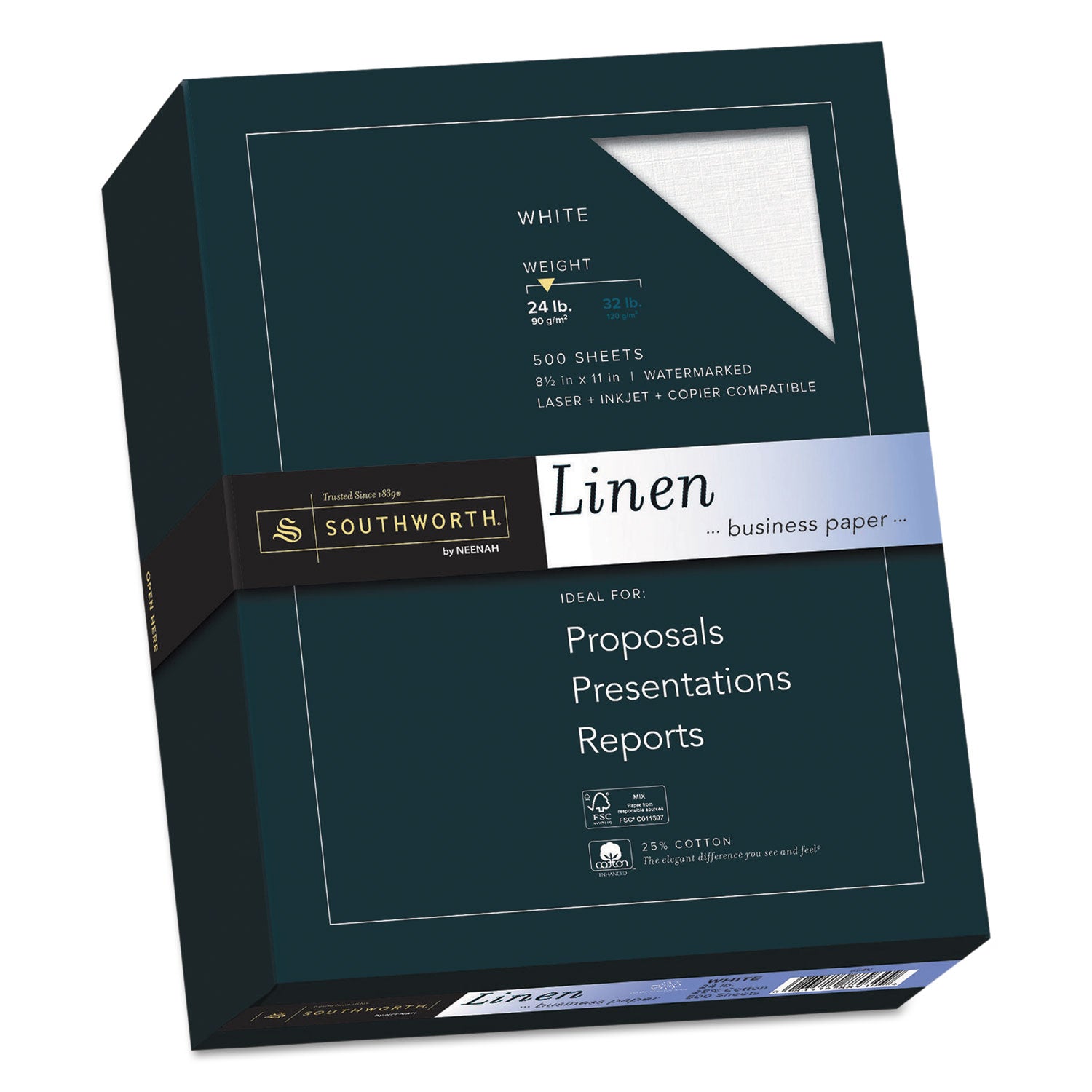 Southworth 25% Cotton Business Paper - Letter - 8 1/2" x 11" - 24 lb Basis Weight - Linen - Acid-free, Watermarked, Date-coded - White - 1 Box