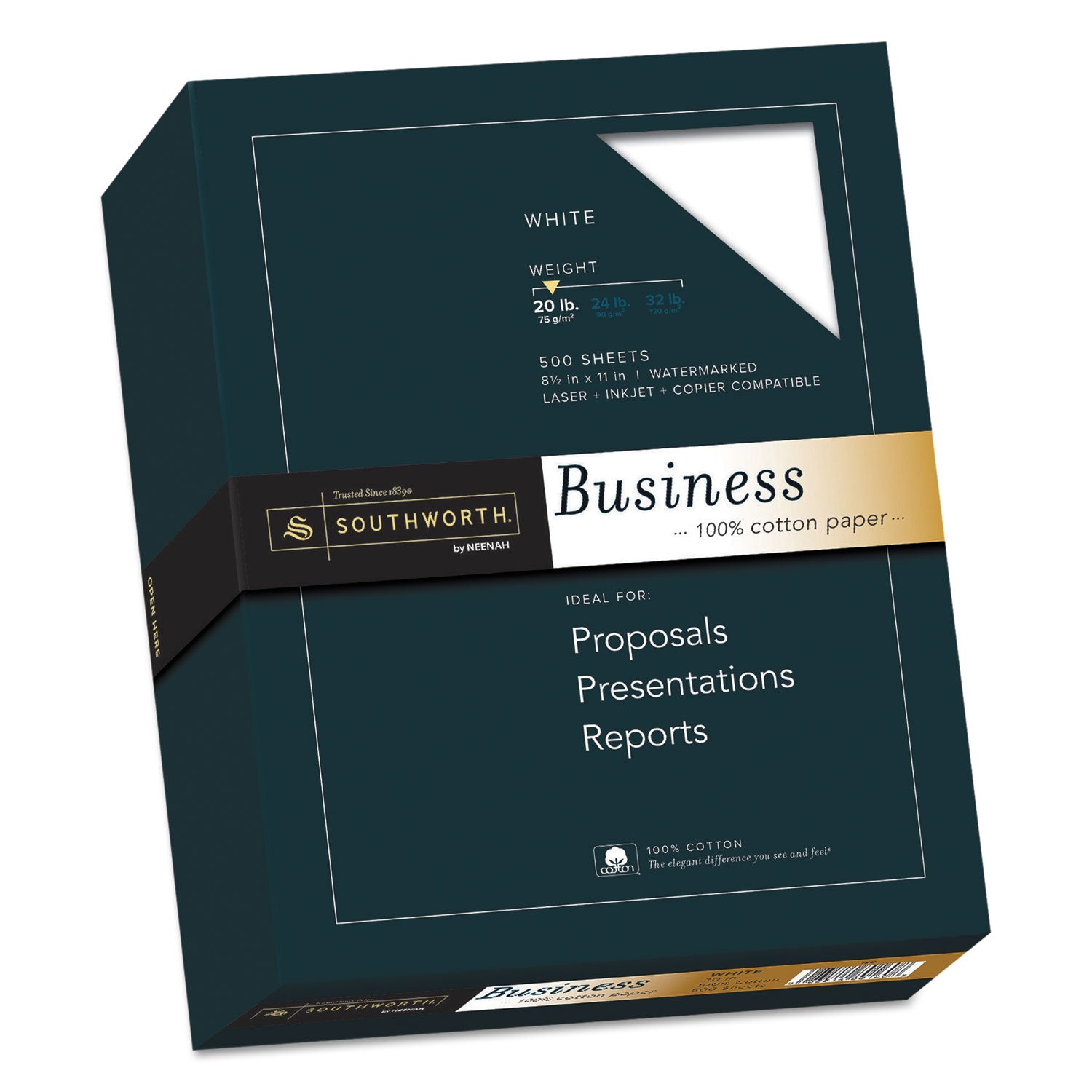 Southworth 100% Cotton Business Paper - Letter - 8 1/2" x 11" - 20 lb Basis Weight - Wove - Wear Resistant, Date-coded, Acid-free, Lignin-free - White - 1 Box