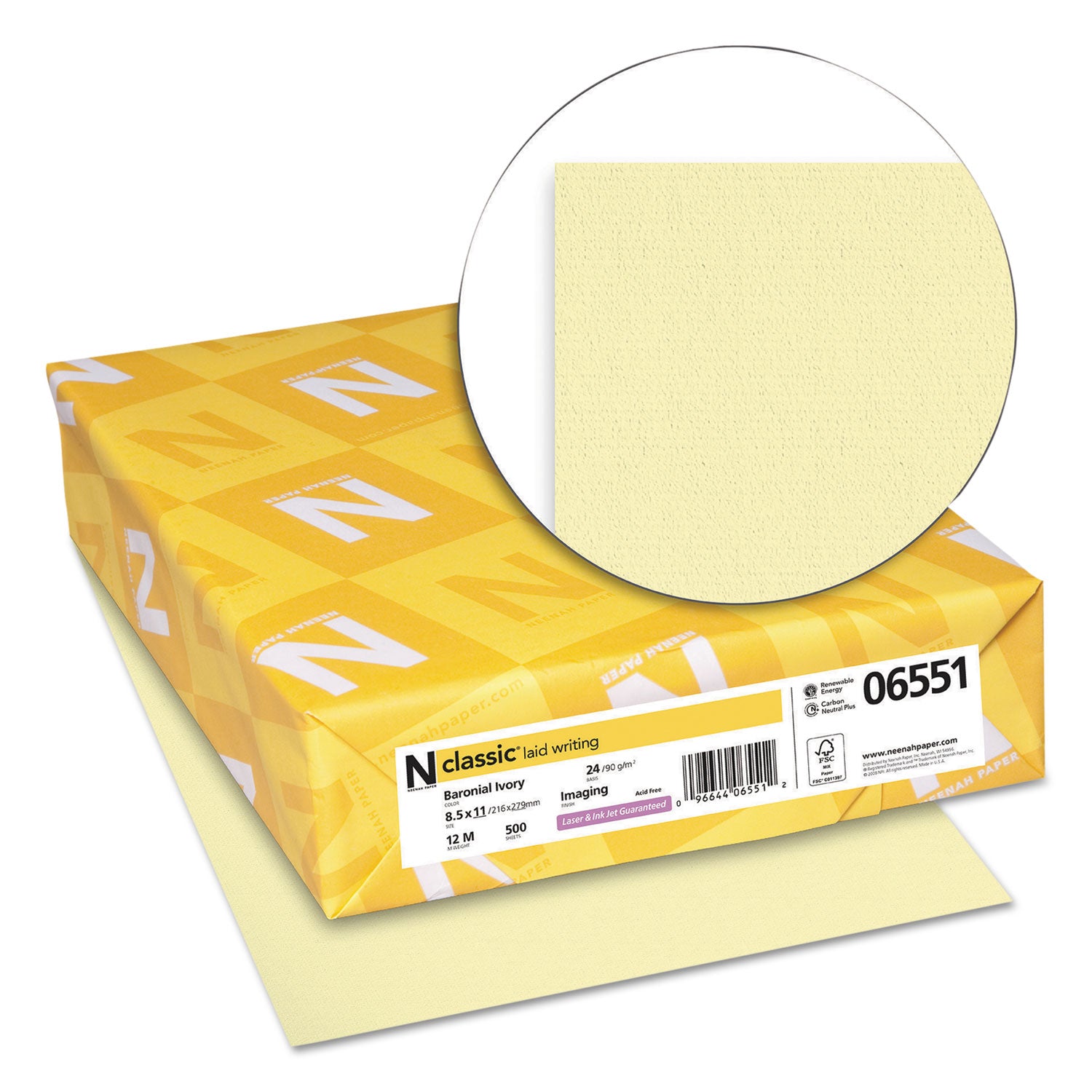 Letter - 8 1/2" x 11" - 24 lb Basis Weight - Laid - Watermarked, Acid-free - Baronial Ivory - 500 / Ream