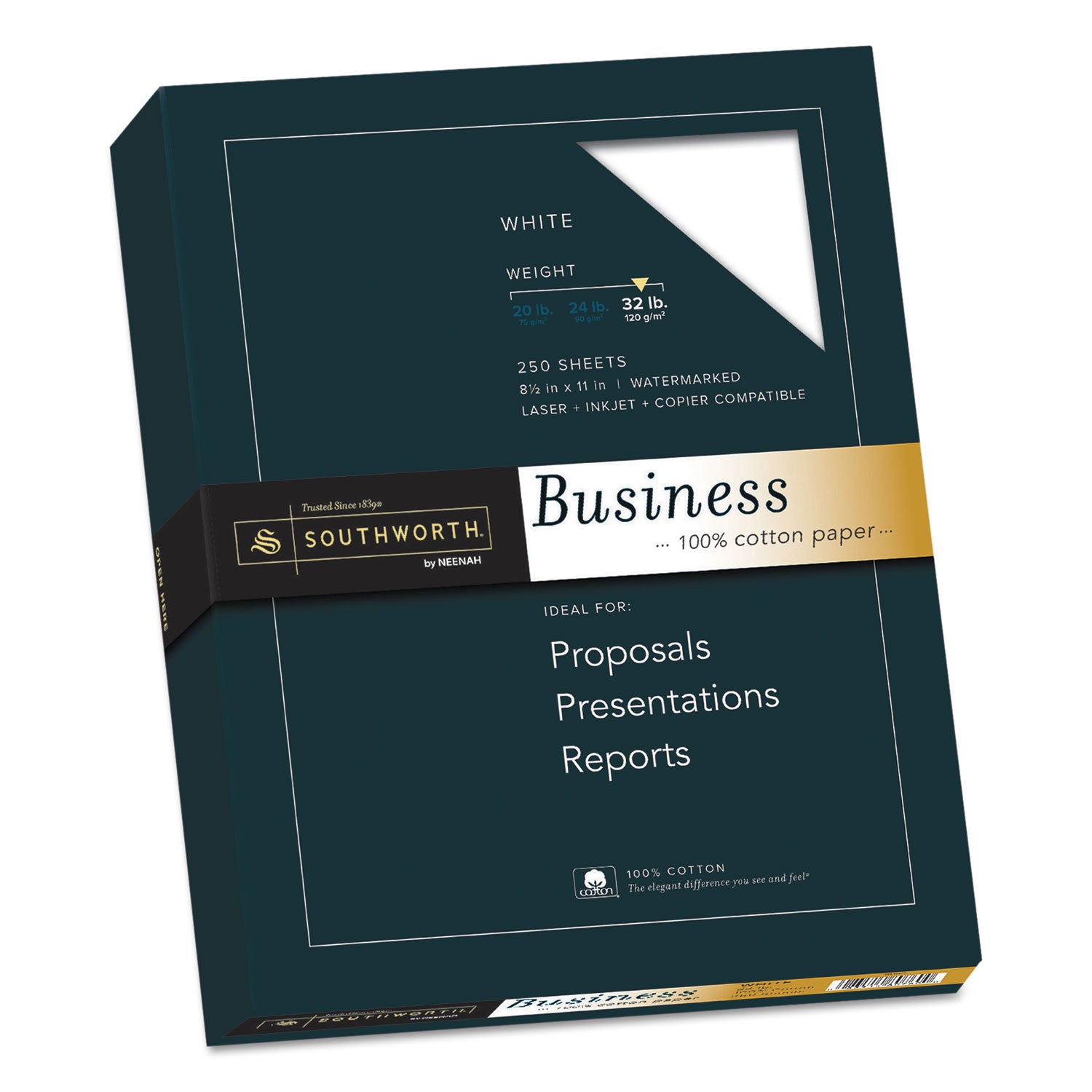Southworth 100% Cotton Business Paper - Letter - 8 1/2" x 11" - 32 lb Basis Weight - Wove - Acid-free, Watermarked - White - 1 Box
