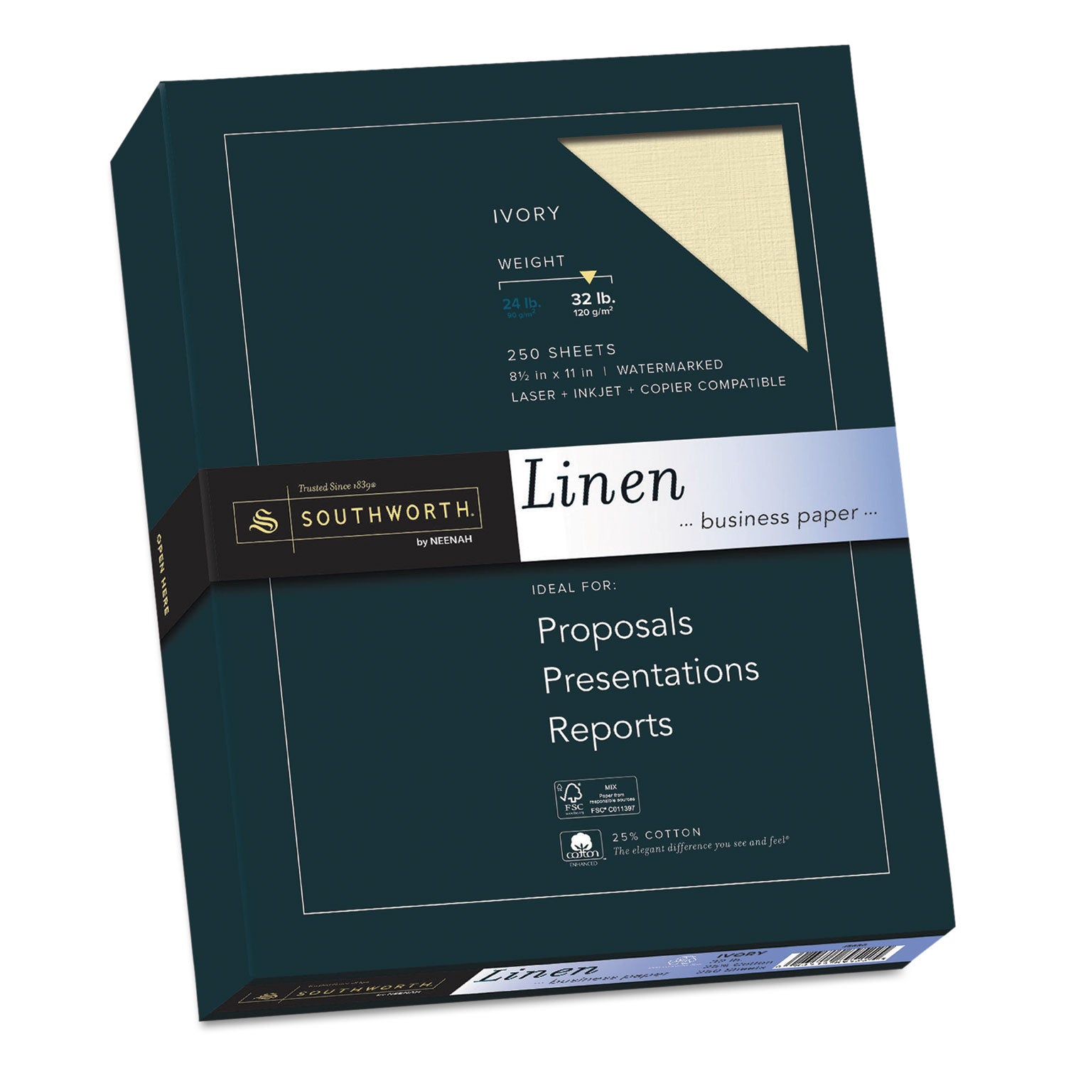 Southworth 25% Cotton No. 10 Business Envelopes - 9 1/2" x 4 1/8" - 32 lb Basis Weight - Linen, Textured - Acid-free, Watermarked, Date-coded - Ivory - 250 / Box