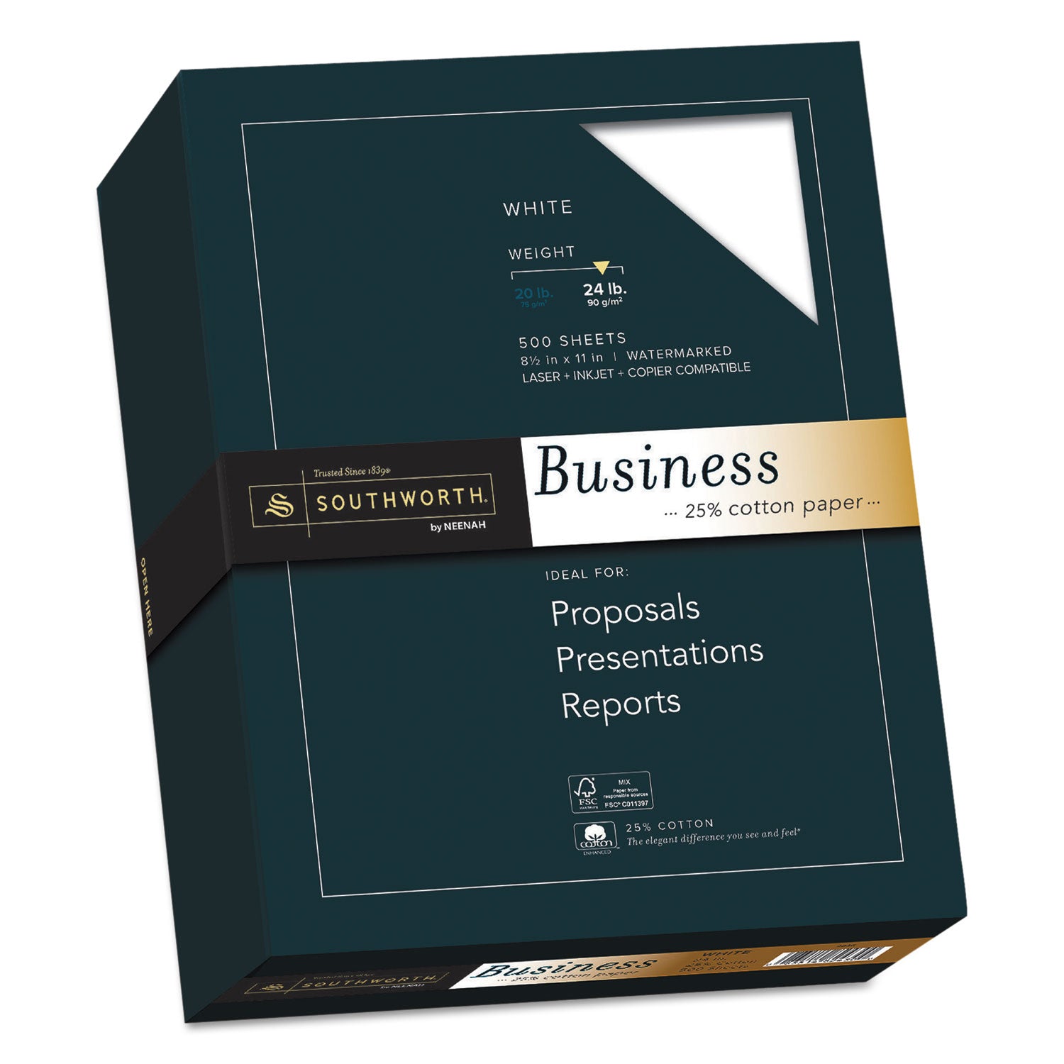 Southworth 25% Cotton Business Paper - Letter - 8 1/2" x 11" - 24 lb Basis Weight - Wove - Watermarked, Acid-free, Date-coded, Lignin-free - White - 1 Box