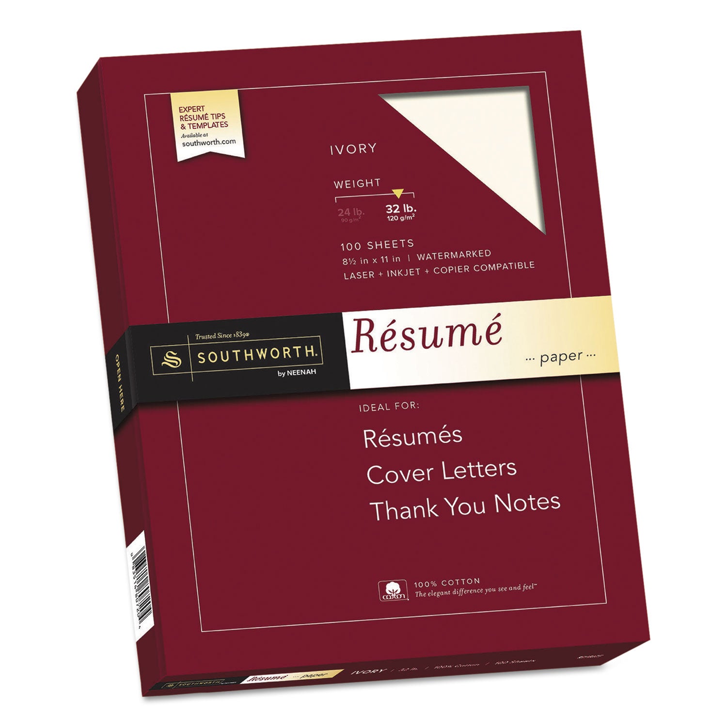 Southworth 100% Cotton Resume Paper - Letter - 8 1/2" x 11" - 32 lb Basis Weight - Wove - Acid-free, Watermarked - Ivory - 1 Box