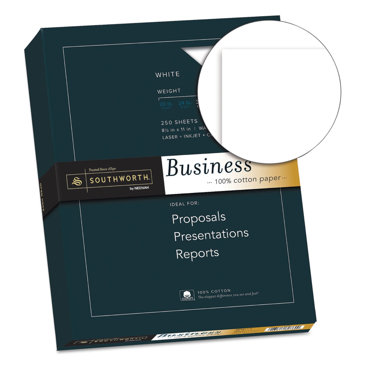 Southworth 100% Cotton Business Paper - Letter - 8 1/2" x 11" - 32 lb Basis Weight - Wove - Acid-free, Watermarked - White - 1 Box