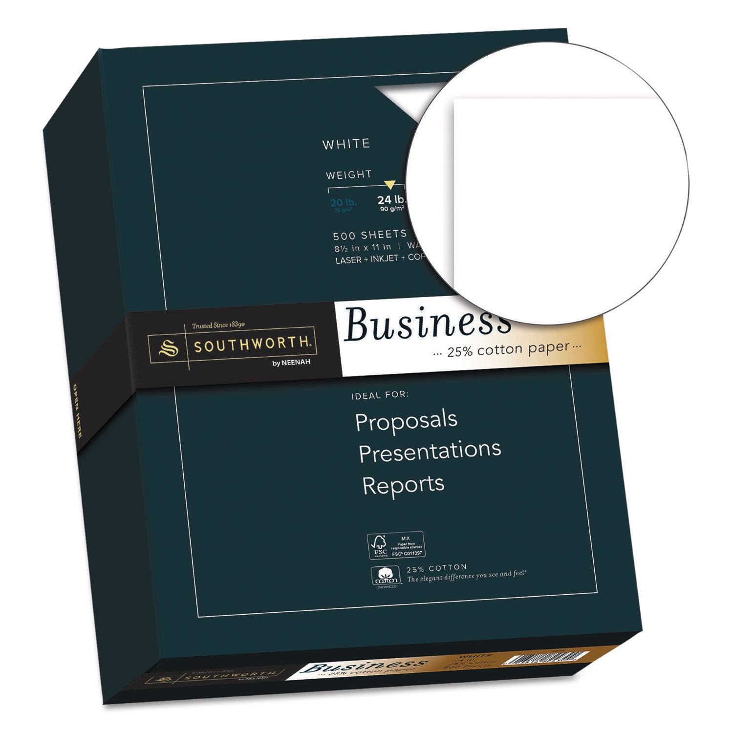 Southworth 25% Cotton Business Paper - Letter - 8 1/2" x 11" - 24 lb Basis Weight - Wove - Watermarked, Acid-free, Date-coded, Lignin-free - White - 1 Box