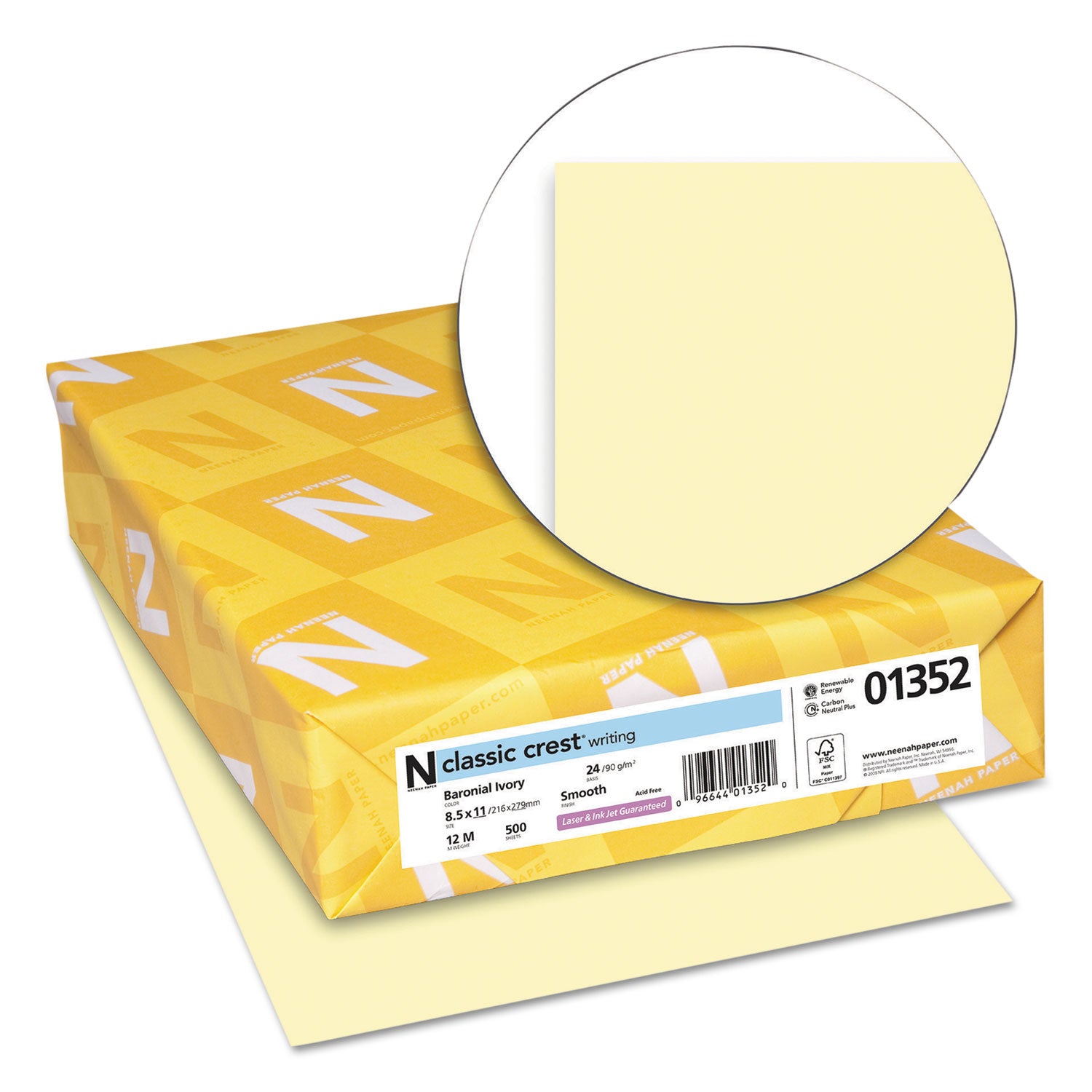 Letter - 8 1/2" x 11" - 24 lb Basis Weight - Smooth - Carbon Neutral Plus - Watermarked, Acid-free, Precision-cut - Baronial Ivory - 500 / Ream