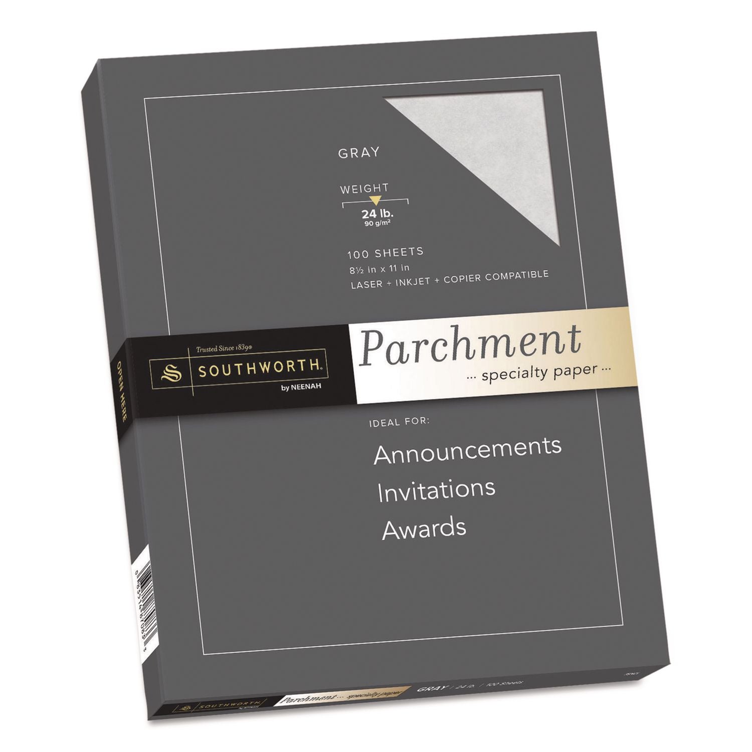 Southworth 24lb Parchment Specialty Paper, Letter Size, 8.5" x 11", Gray, Acid-Free, Lignin-Free, Non-Yellowing, 100 Sheets per Pack