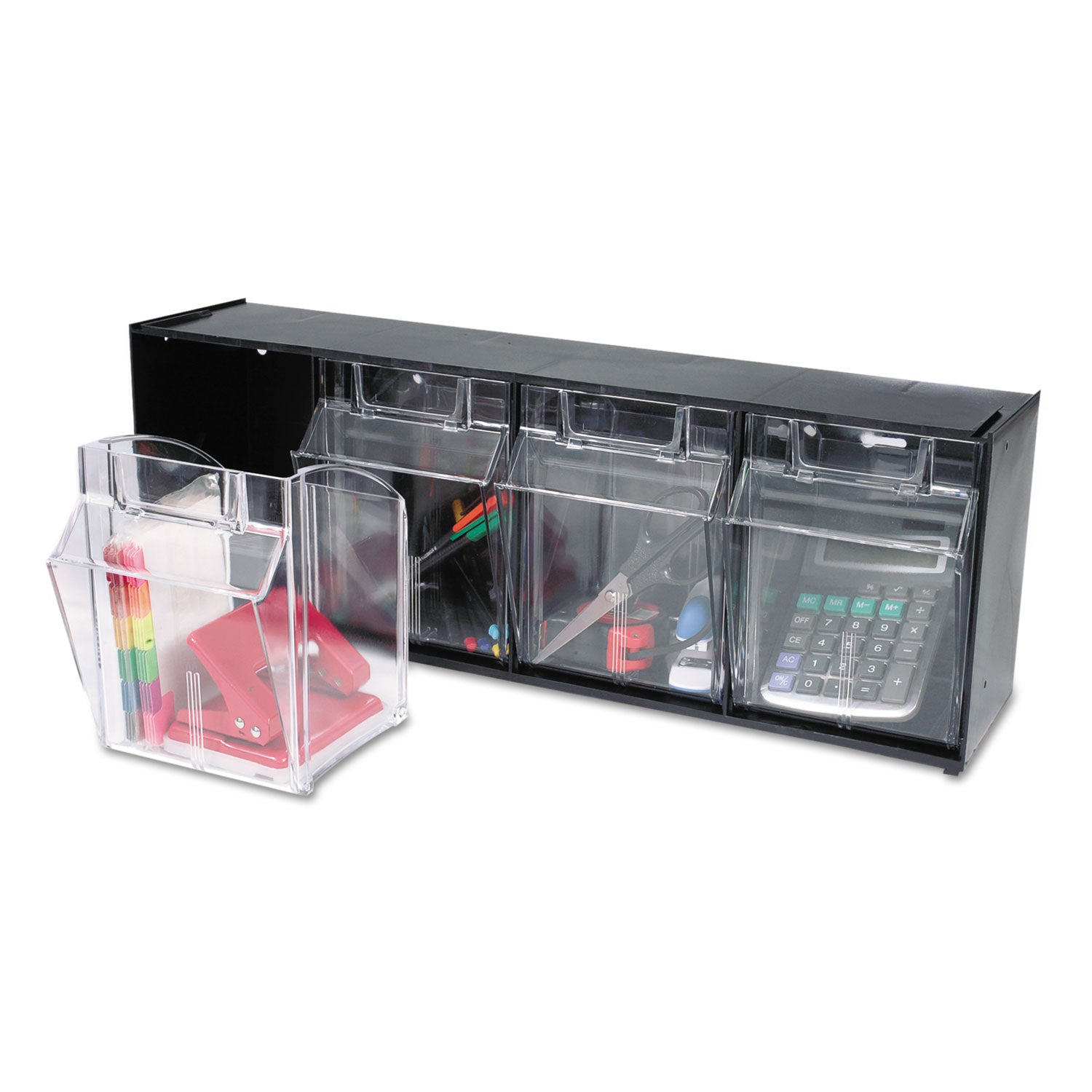 Deflecto Tilt Bin Interlocking Multi-Bin Storage Organizer - 4 Compartment(s) - 8.13" Height x 23.63" Width x 6.62" Depth - Interlockable - Black - Plastic - 1 Each