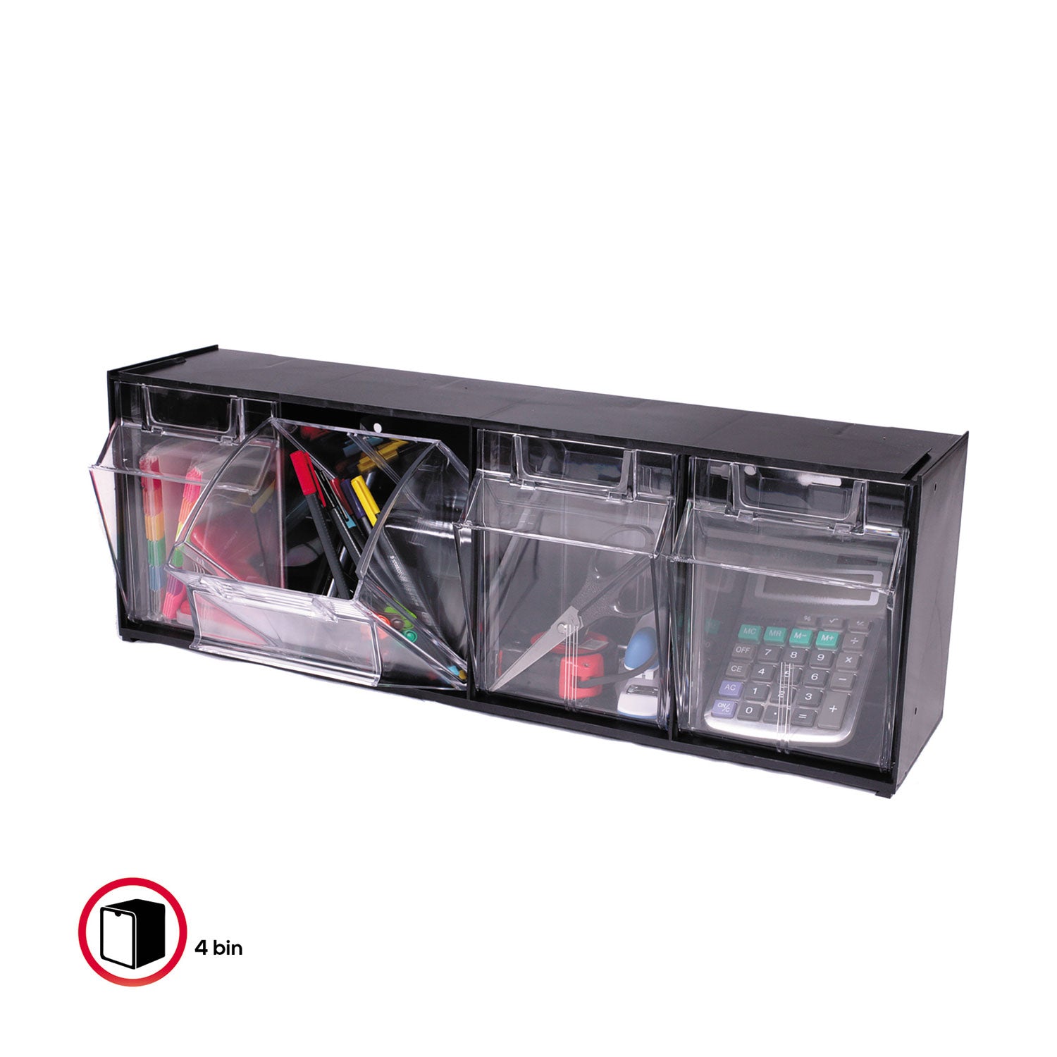 Deflecto Tilt Bin Interlocking Multi-Bin Storage Organizer - 4 Compartment(s) - 8.13" Height x 23.63" Width x 6.62" Depth - Interlockable - Black - Plastic - 1 Each