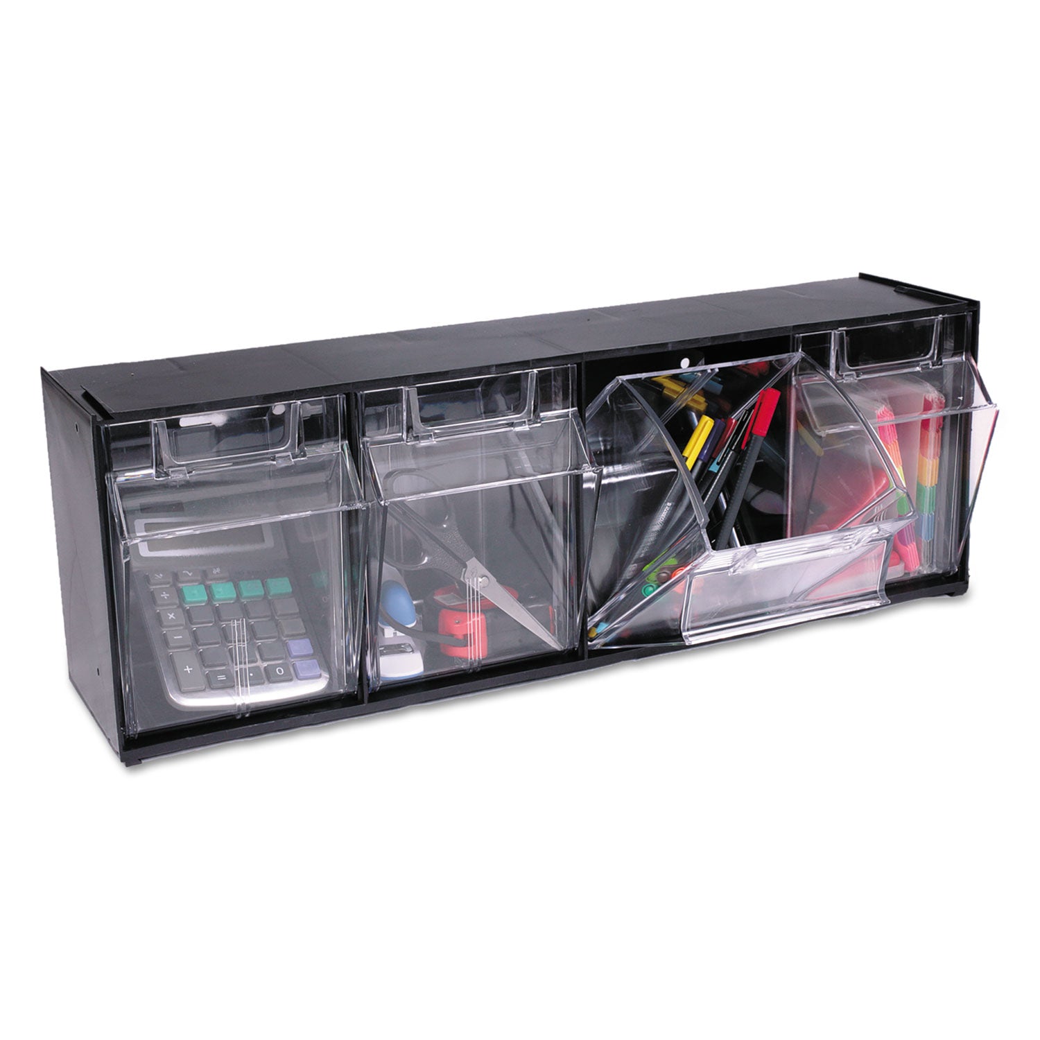 Deflecto Tilt Bin Interlocking Multi-Bin Storage Organizer - 4 Compartment(s) - 8.13" Height x 23.63" Width x 6.62" Depth - Interlockable - Black - Plastic - 1 Each