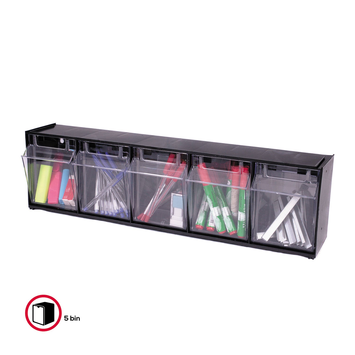 Deflecto Tilt Bin Interlocking Multi-Bin Storage Organizer - 5 Compartment(s) - 6.50" Height x 23.63" Width x 5.25" Depth - Interlockable - Black - Plastic - 1 Each