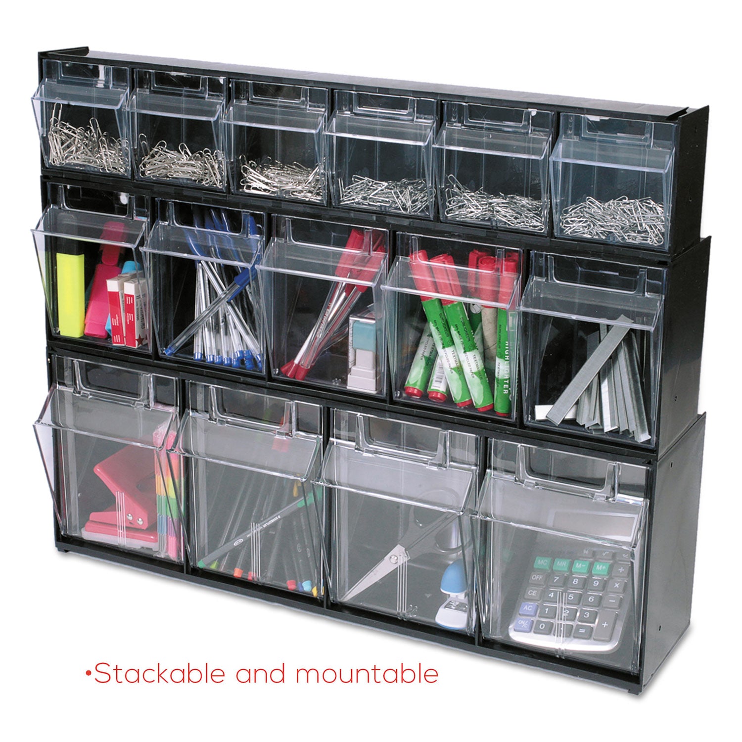 Deflecto Tilt Bin Interlocking Multi-Bin Storage Organizer - 4 Compartment(s) - 8.13" Height x 23.63" Width x 6.62" Depth - Interlockable - Black - Plastic - 1 Each
