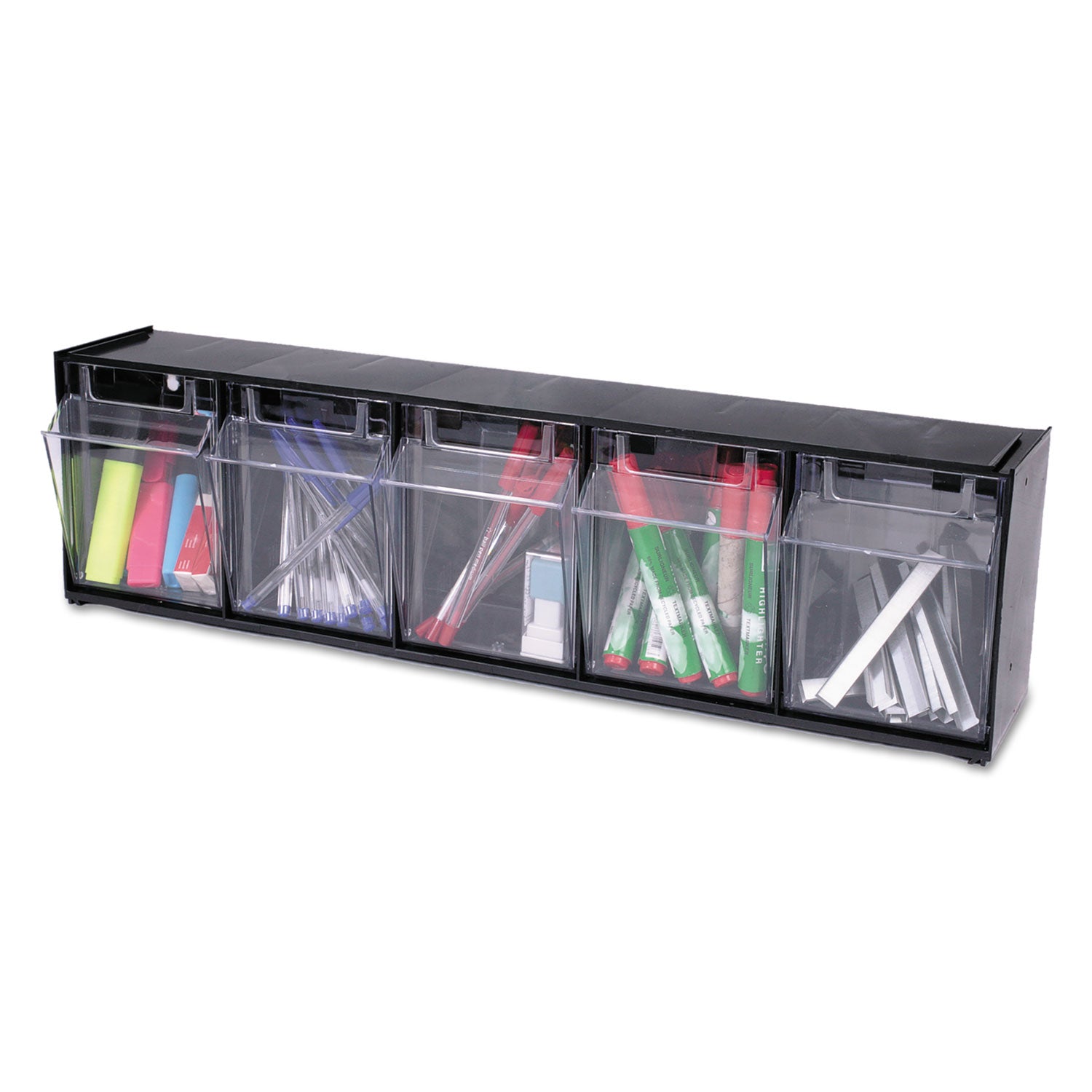 Deflecto Tilt Bin Interlocking Multi-Bin Storage Organizer - 5 Compartment(s) - 6.50" Height x 23.63" Width x 5.25" Depth - Interlockable - Black - Plastic - 1 Each