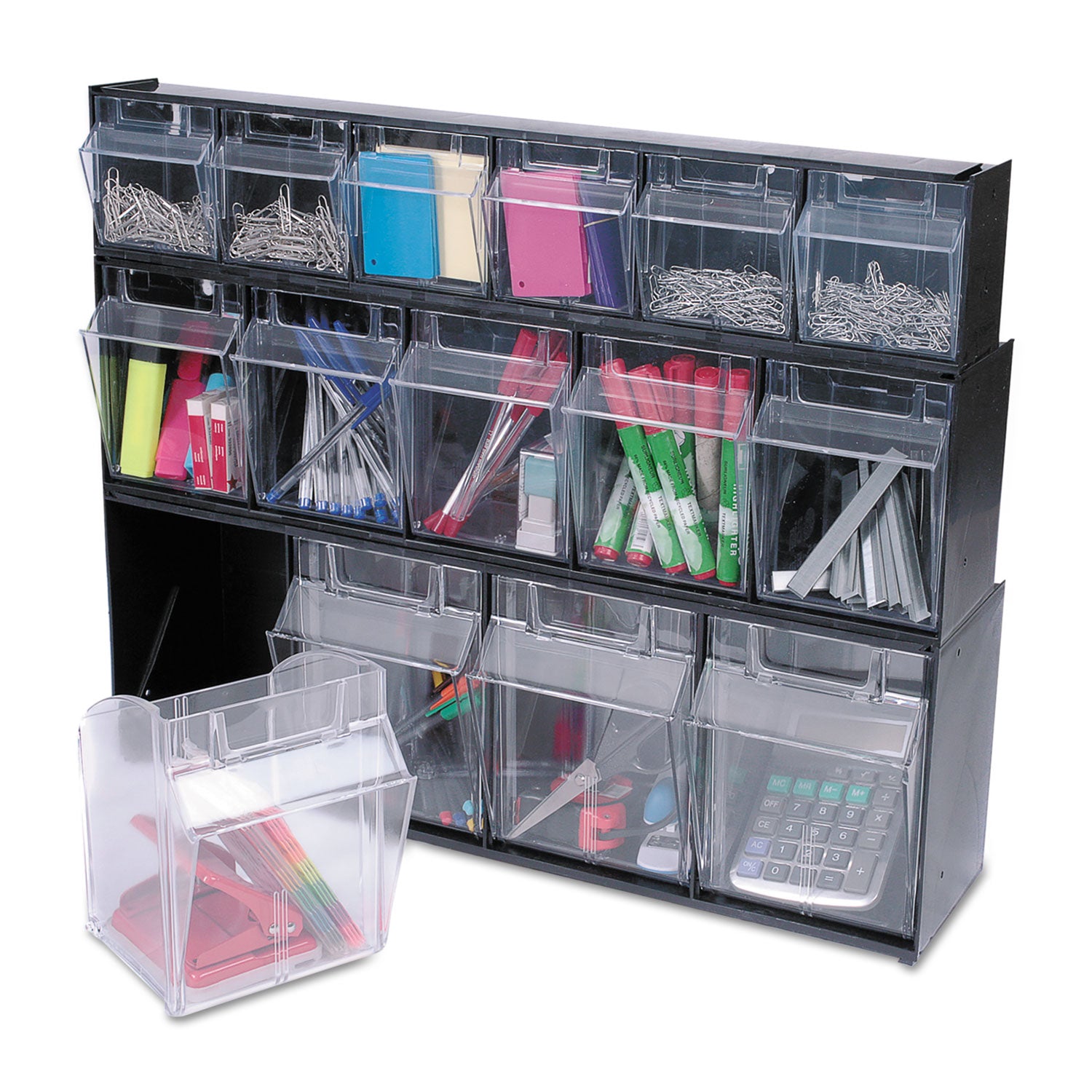 Deflecto Tilt Bin Interlocking Multi-Bin Storage Organizer - 4 Compartment(s) - 8.13" Height x 23.63" Width x 6.62" Depth - Interlockable - Black - Plastic - 1 Each