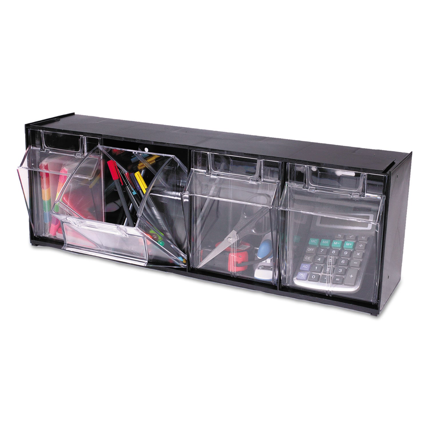 Deflecto Tilt Bin Interlocking Multi-Bin Storage Organizer - 4 Compartment(s) - 8.13" Height x 23.63" Width x 6.62" Depth - Interlockable - Black - Plastic - 1 Each