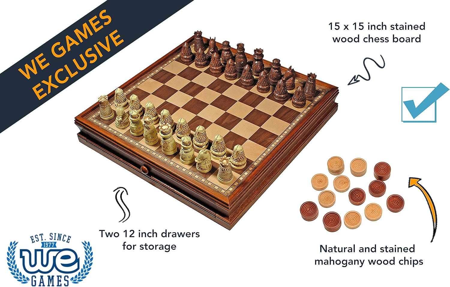 Medieval Chess & Checkers Game Set - Wood Board with Storage Drawers 15 in