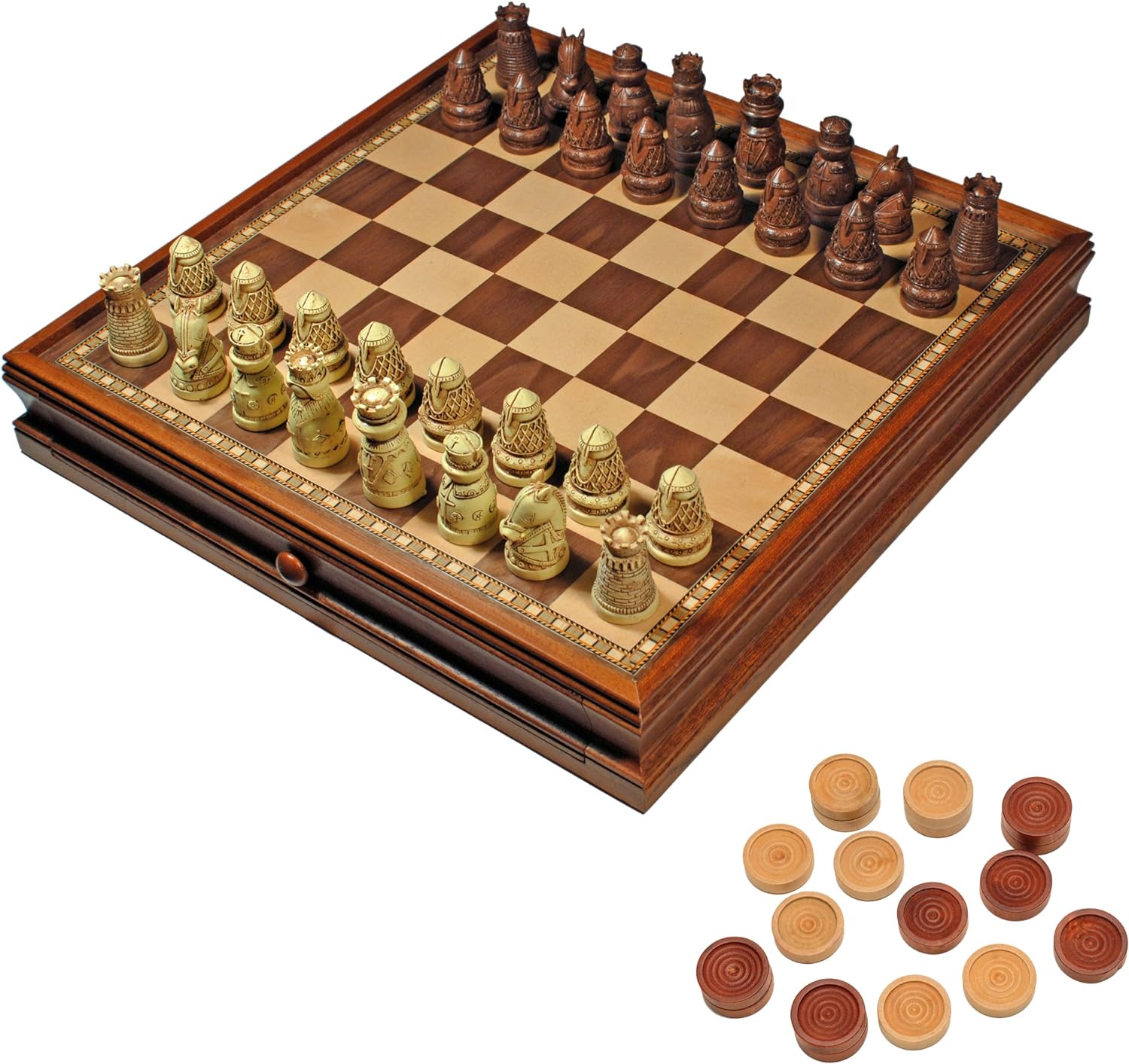 Medieval Chess & Checkers Game Set - Wood Board with Storage Drawers 15 in
