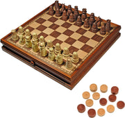Medieval Chess & Checkers Game Set - Wood Board with Storage Drawers 15 in