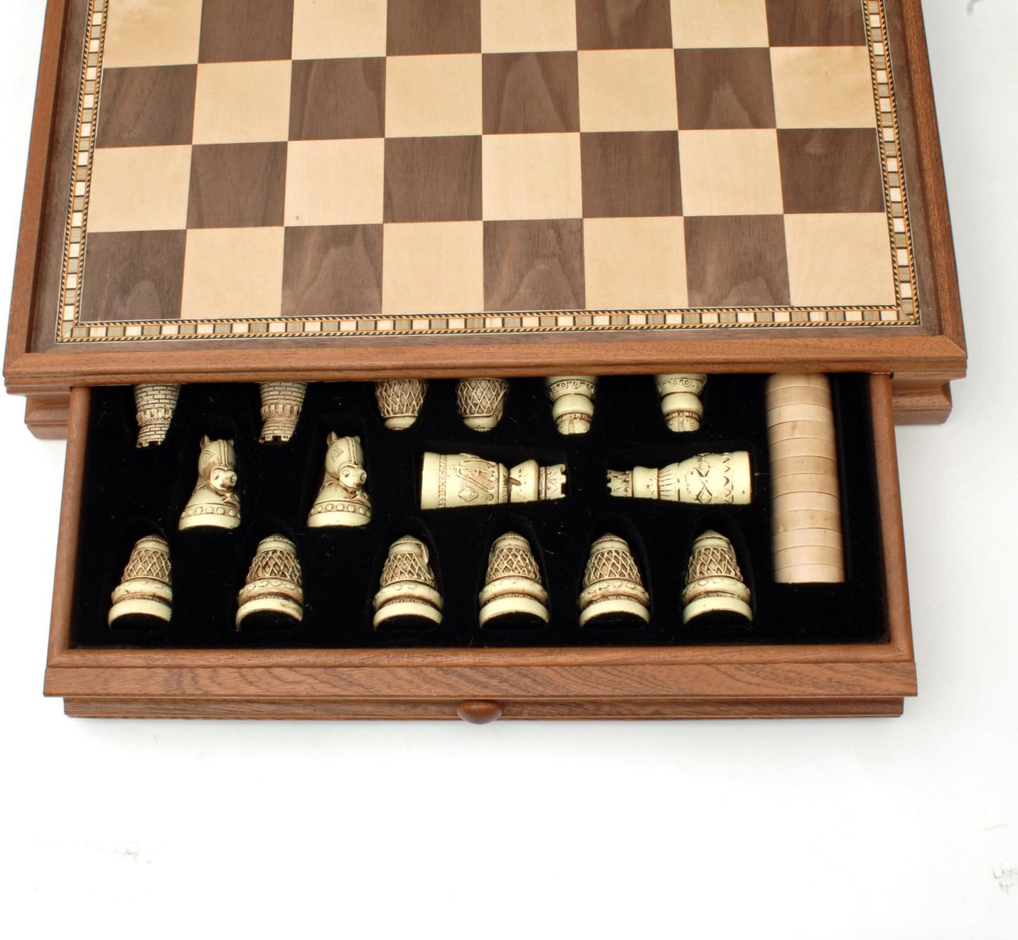 Medieval Chess & Checkers Game Set - Wood Board with Storage Drawers 15 in