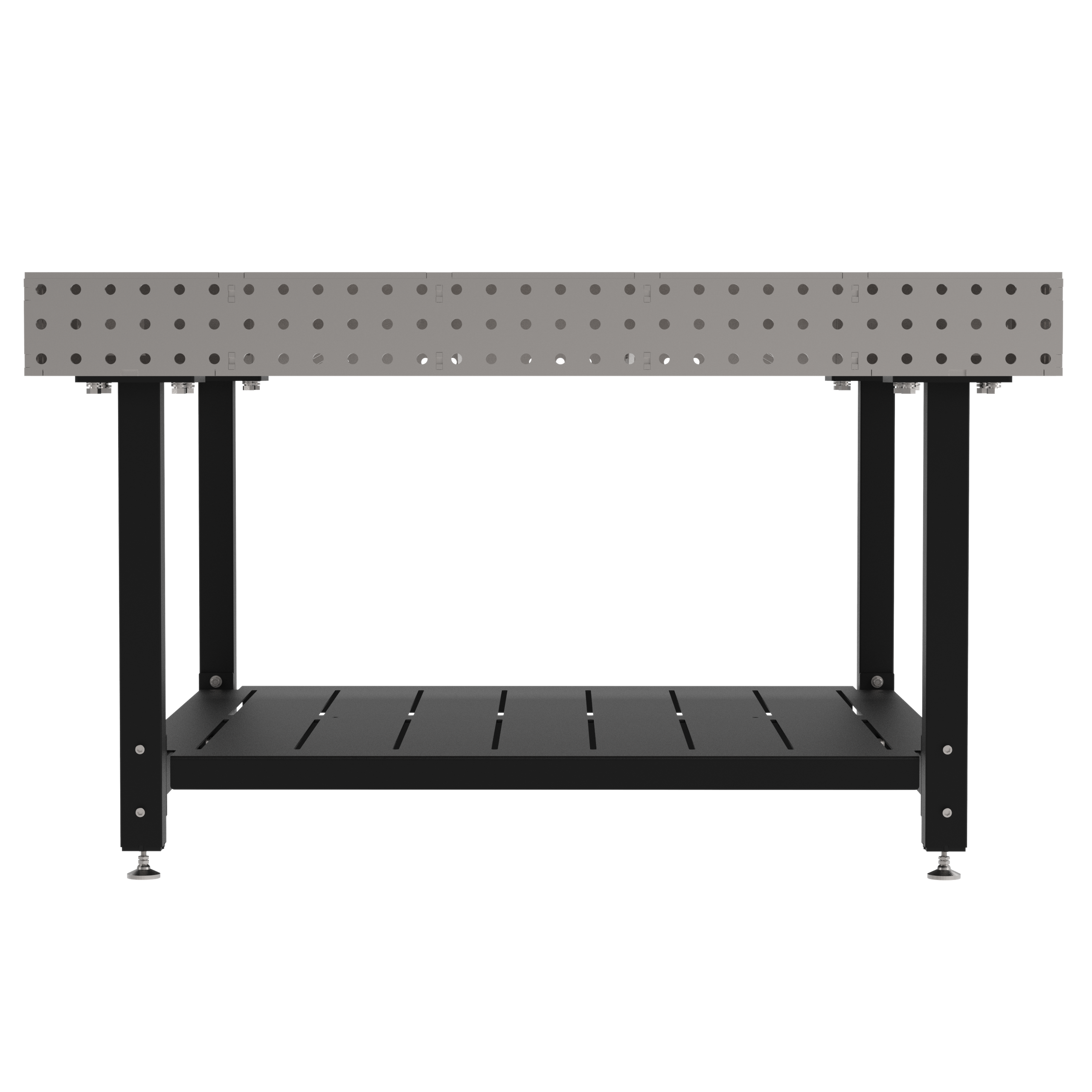 Welding Fixture Table, Fixed Height, 36"H x 60"L x 60"D, 1/4" Carbon Steel Top, Four Black Powdercoat Legs, Shelf, Self-Leveling Feet