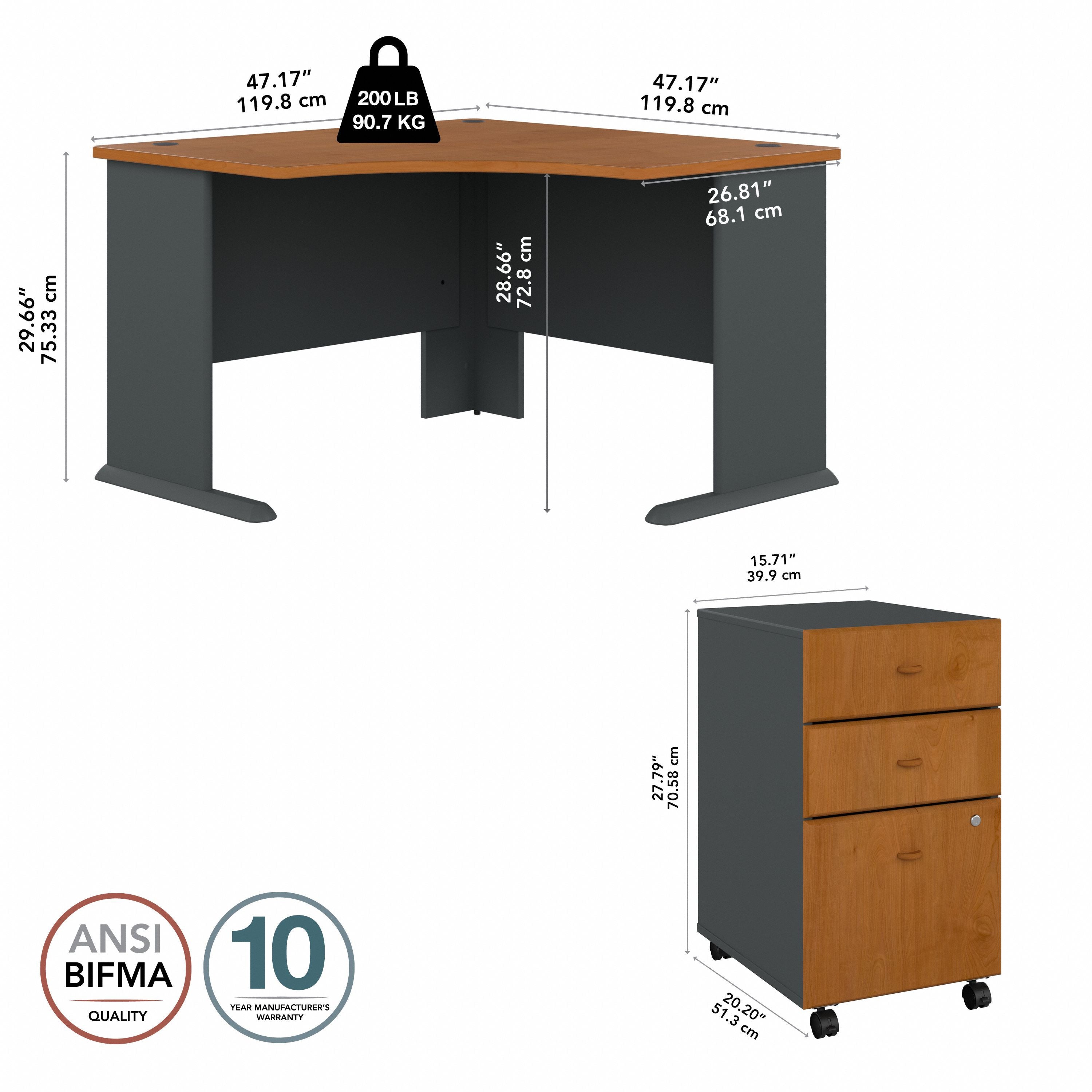 Bush Business Furniture Series A 48W Corner Desk with Mobile File Cabinet in Natural Cherry and Slate - 51.52" Width x 47.17" Depth x 29.66" Height