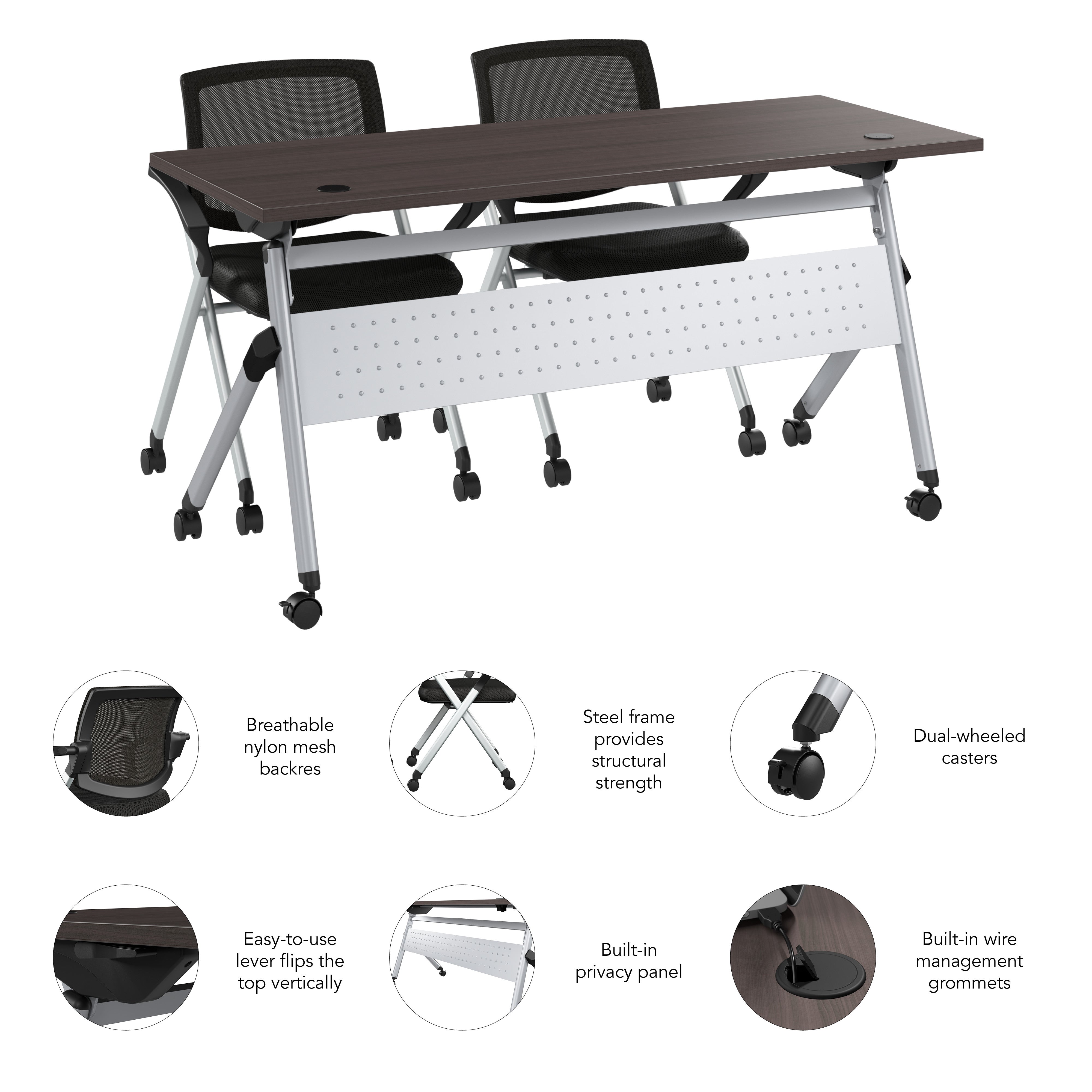 Bush Business Furniture Envision 60W Folding Training Table and 2 Folding Chairs with Arms in Storm Gray - 59.45" Width x 23.54" Depth x 32.87" Height