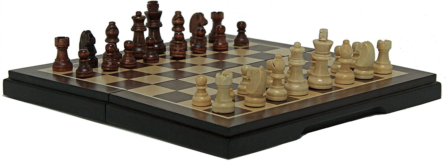 Magnetic Folding Chess & Checkers Set - Walnut Wood Finish - 8 inch for travel