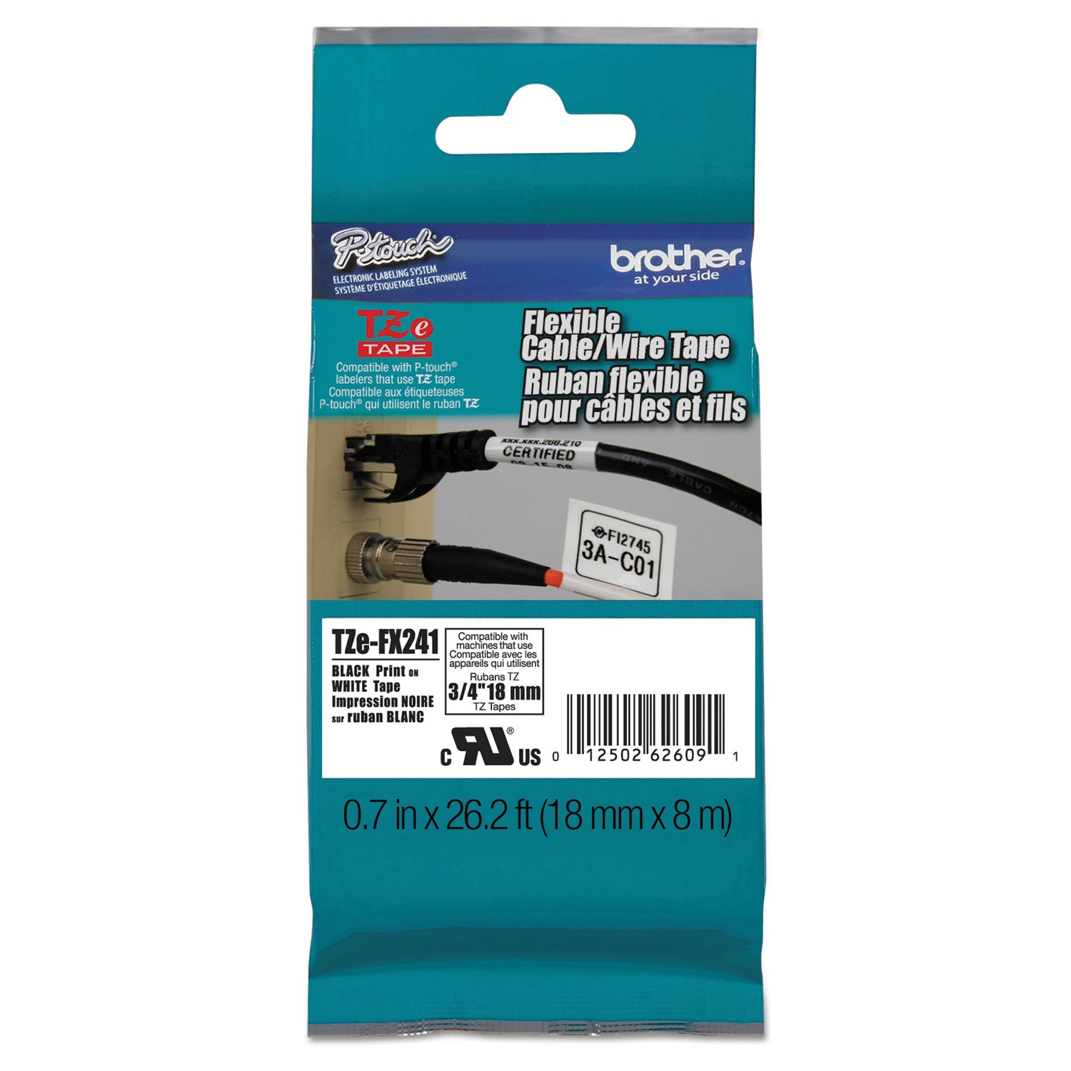 P-touch TZe Laminated Tape, 45/64" x 26 1/4 ft, White, Roll, Rectangle, Thermal Transfer, Water, Chemical, Abrasion, Fade, and Temperature Resistant, 1 Each