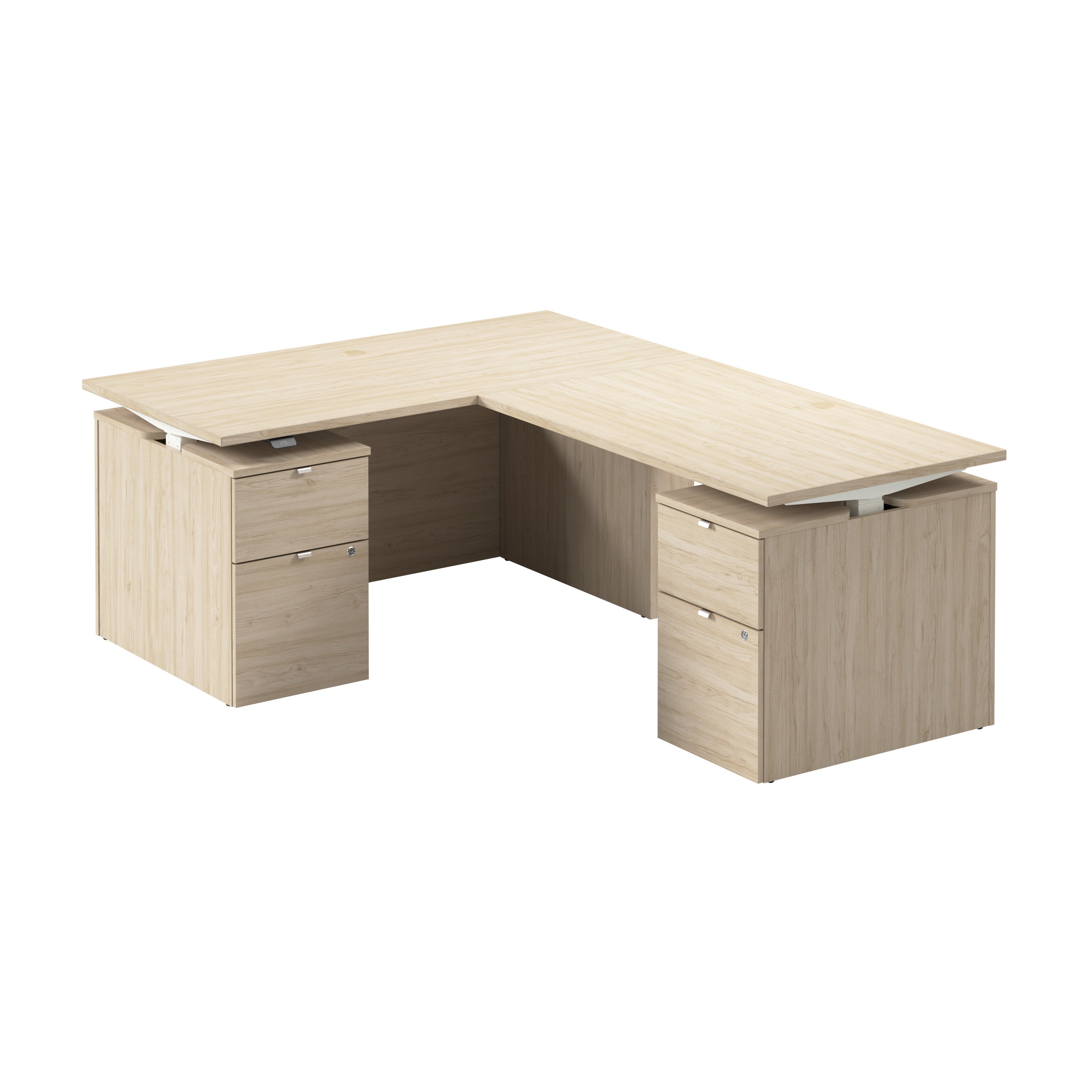 Bush Business Furniture Stratus&nbsp;60W x&nbsp;78D Height Adjustable L Shaped Standing Desk with Drawers in Natural Elm with White Base - 59.45" Width x 76.97" Depth x 27.44" Height