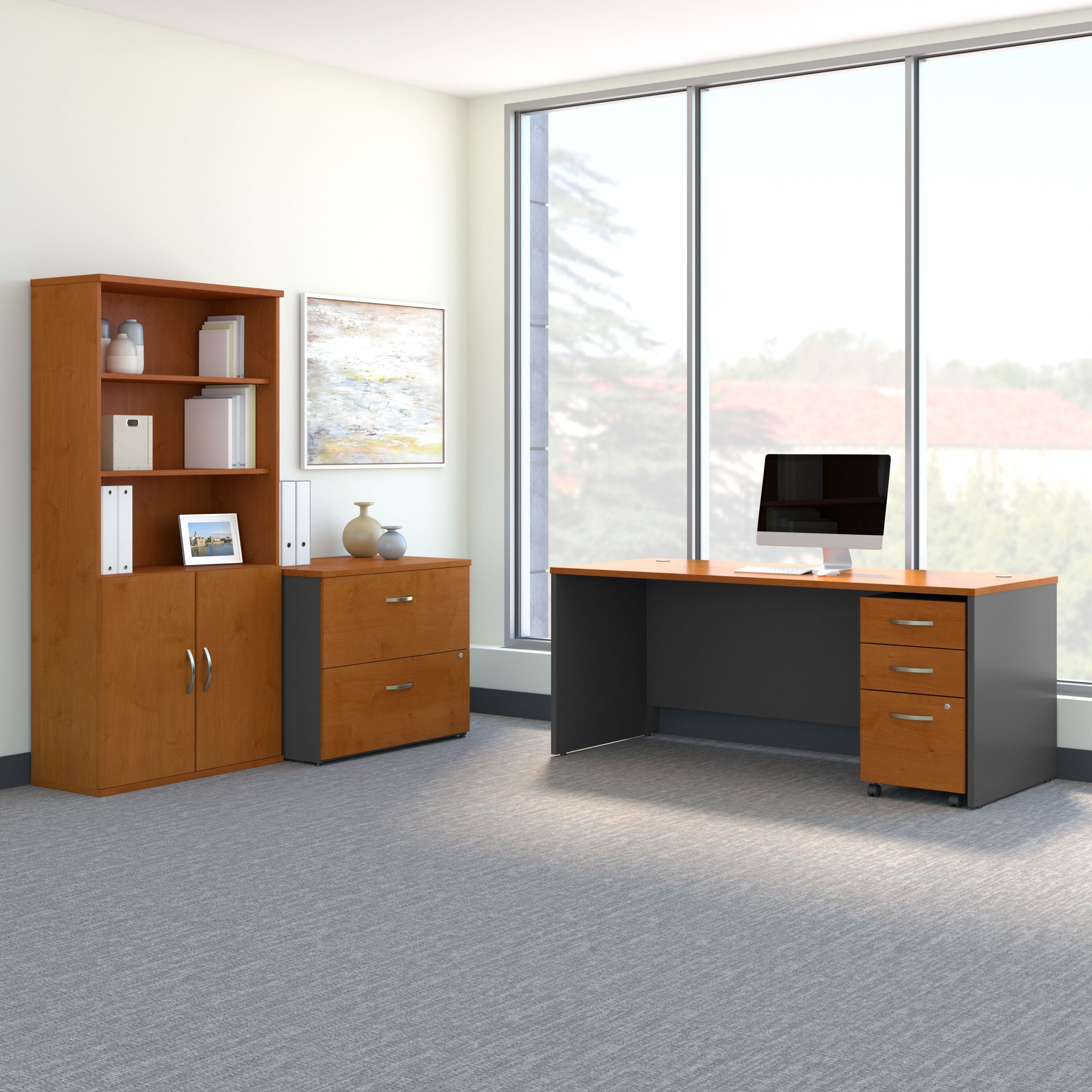 Bush Business Furniture Series C 72W Office Desk with Bookcase and File Cabinets in Natural Cherry - 71.1" Width x 29.37" Depth x 72.8" Height