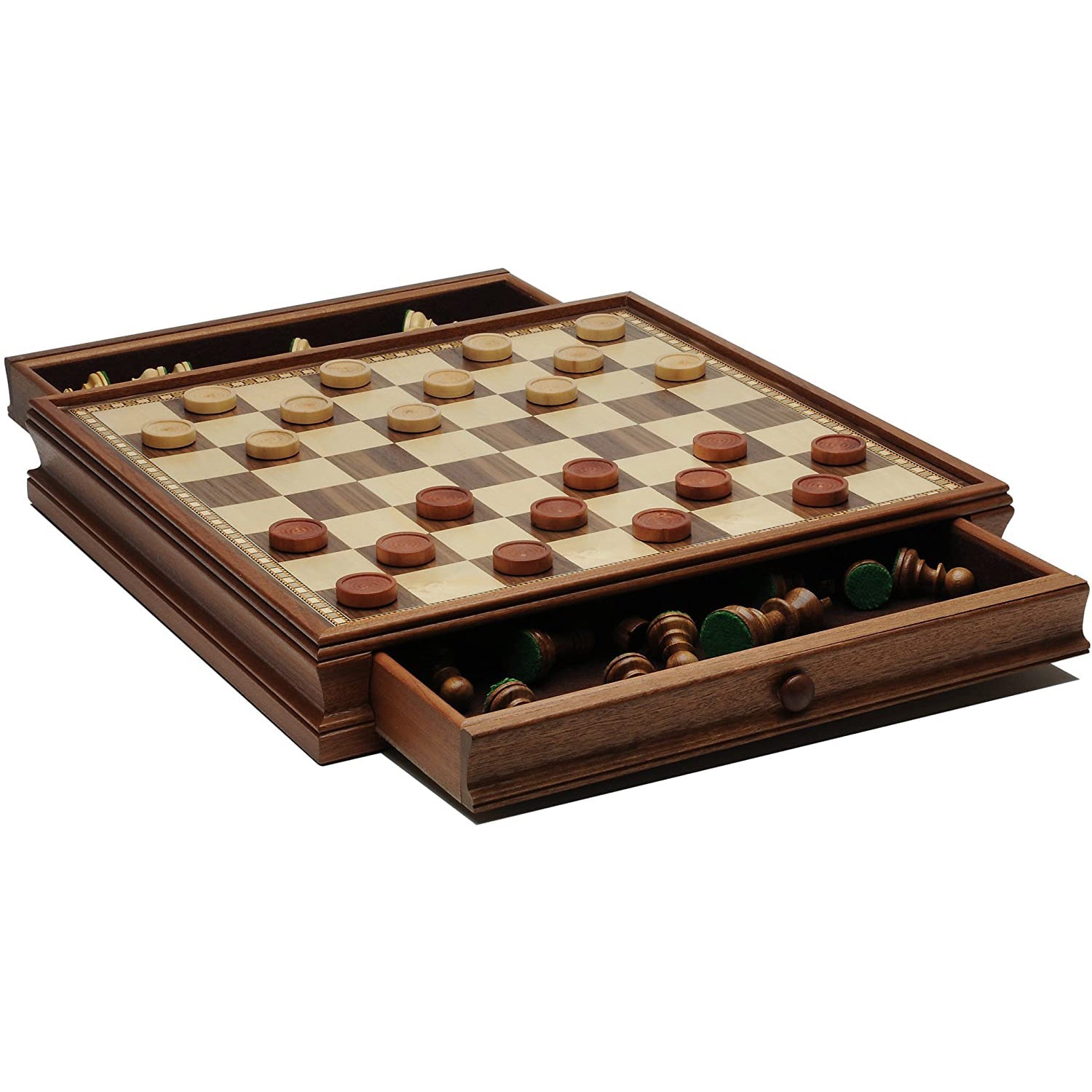 French Staunton Wood Chess & Checkers Set, 15 inch Board with Storage