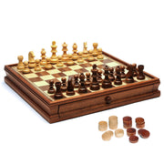 French Staunton Chess & Checkers Set - Weighted Pieces, Brown & Natural Wooden Board with Storage Drawers - 15 in