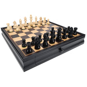 French Staunton Chess & Checkers Set - Weighted Pieces, Black Stained Wooden Board with Storage Drawers - 15 in.