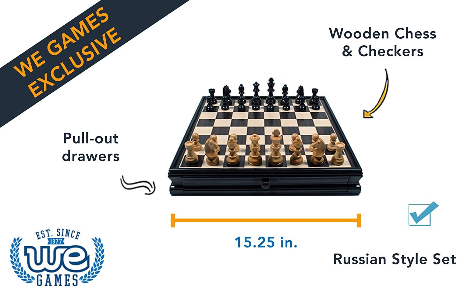 French Staunton Chess & Checkers Set - Weighted Pieces, Black Stained Wooden Board with Storage Drawers - 15 in.