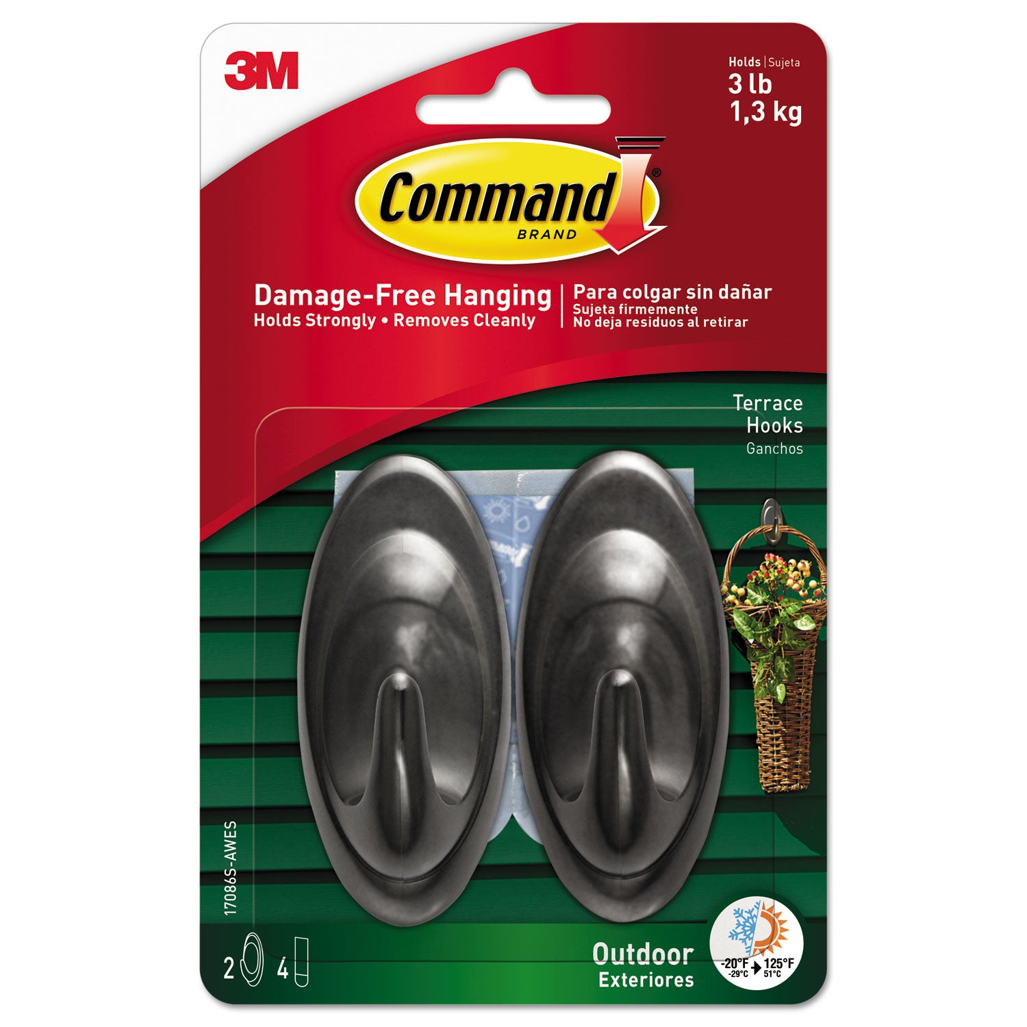 Command Hook - 2 Hooks - 3 lb (1.36 kg) Capacity - Reusable - Adhesive - Medium - for Wood, Glass, Tile, Metal, Decoration, Wreath, Sign, Thermometer, Artwork, Lighting Equipment, Terrace - Water Resistant, UV Resistant - Plastic - 2 / Pack